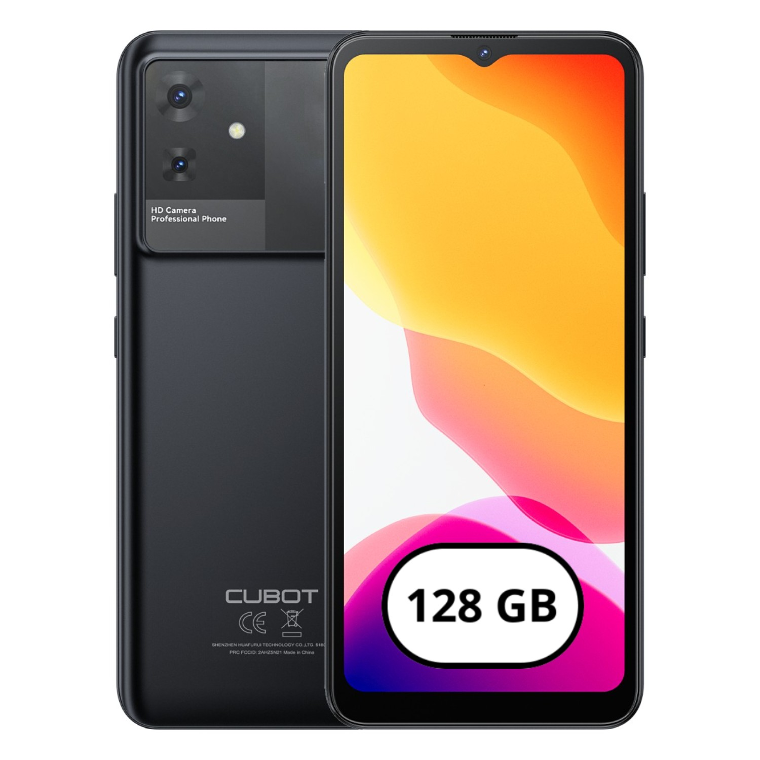 Smartphone nero con schermo che mostra uno sfondo colorato. Ha una fotocamera posteriore e il logo Cubot.