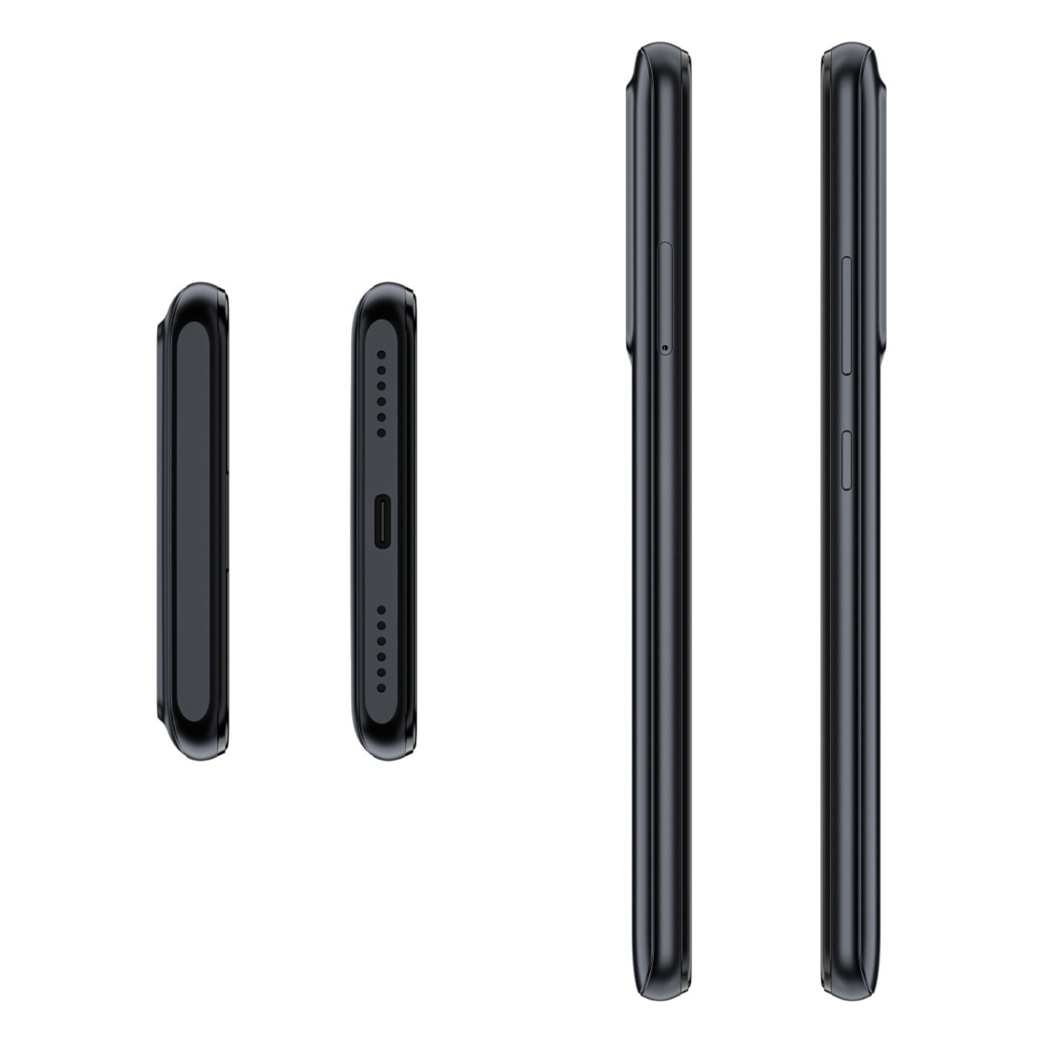 Quattro viste di uno smartphone nero, che mostrano bordi e porte.