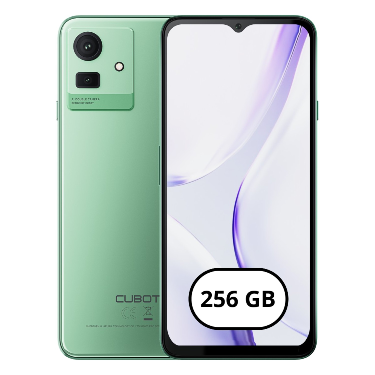 Zielony smartfon z dwoma aparatami, ekranem pokazującym 256 GB i logo Cubot z tyłu.