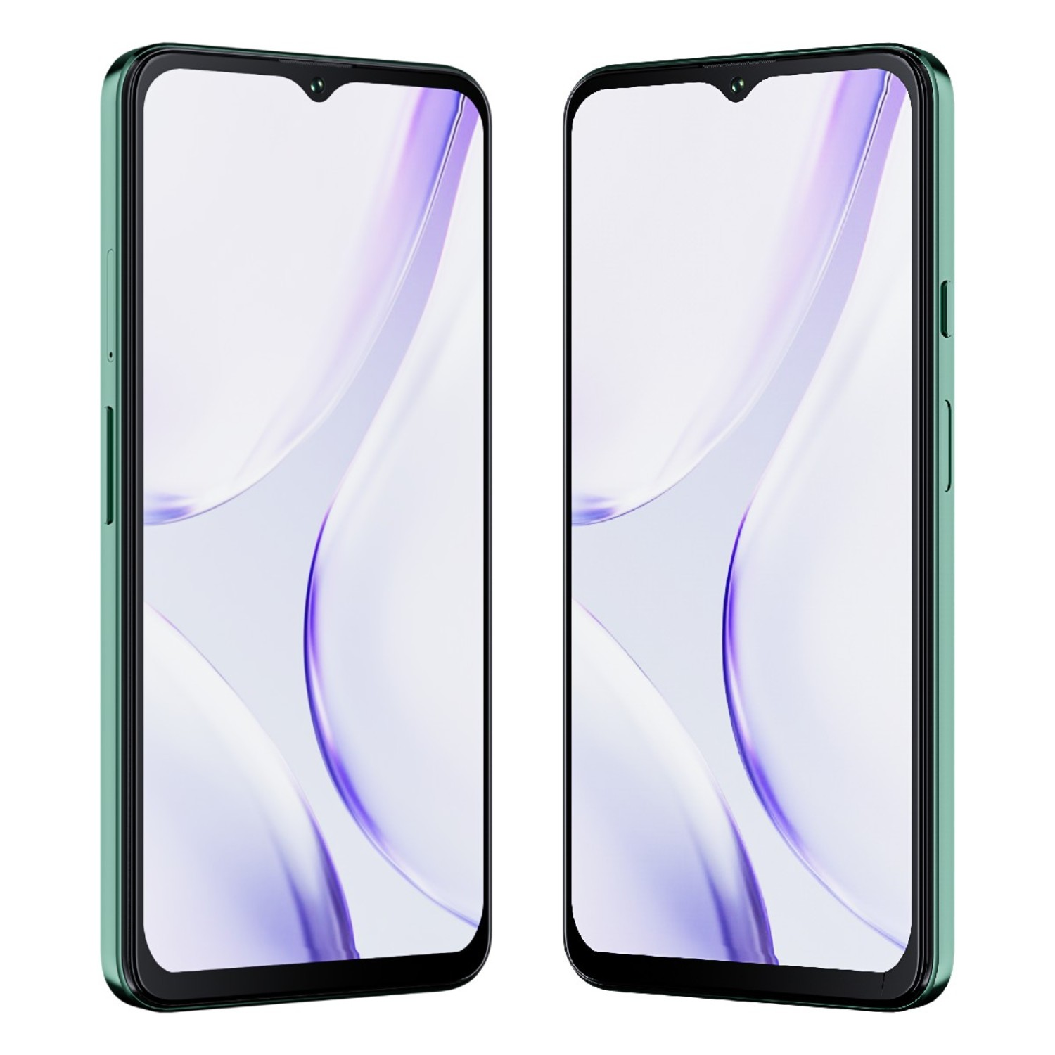 Dwa zielone smartfony, widok pod kątem, wyświetlające fioletową abstrakcyjną tapetę.