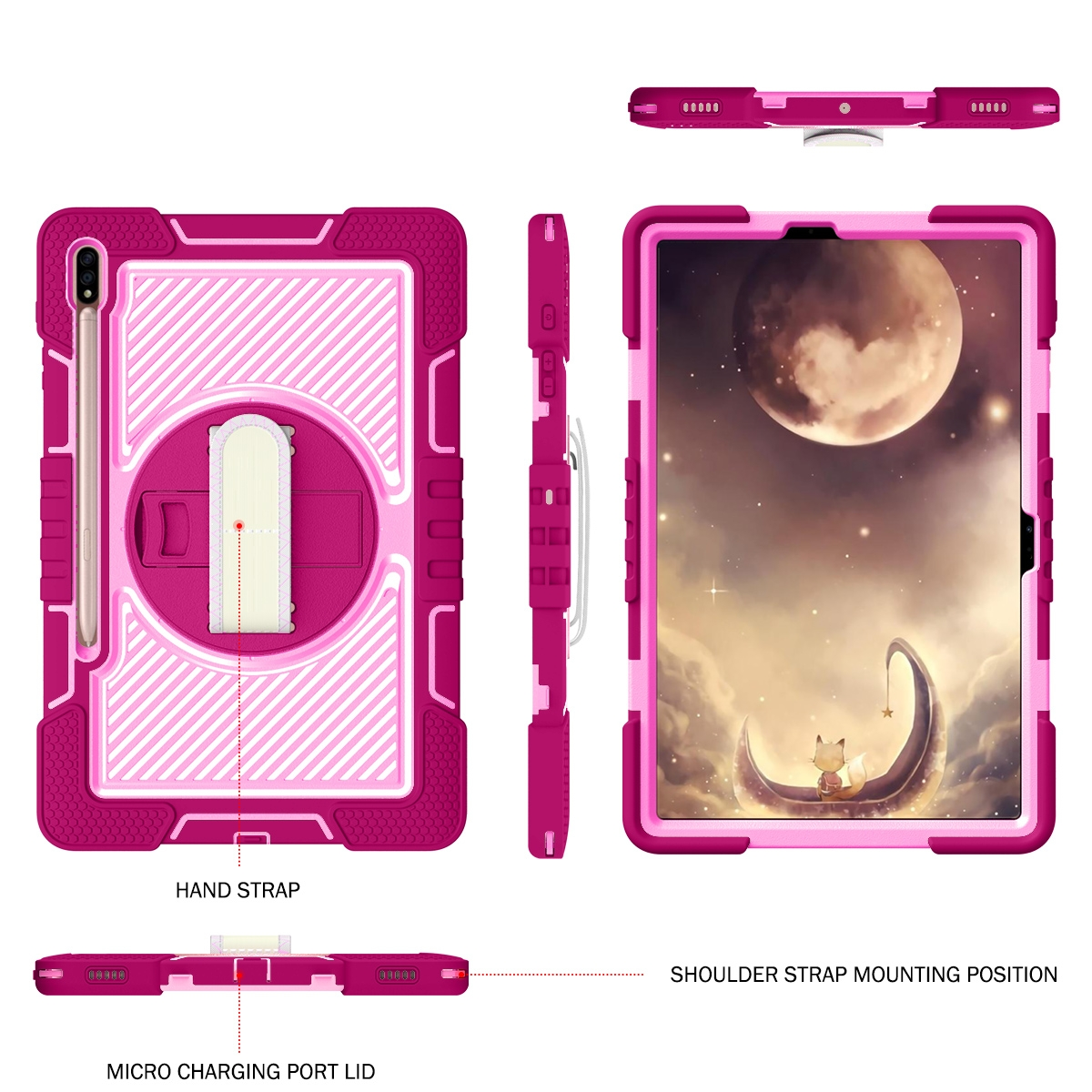 Pinke Tablet-Hülle mit Stift, Handschlaufe und Schulterriemen-Befestigung.
