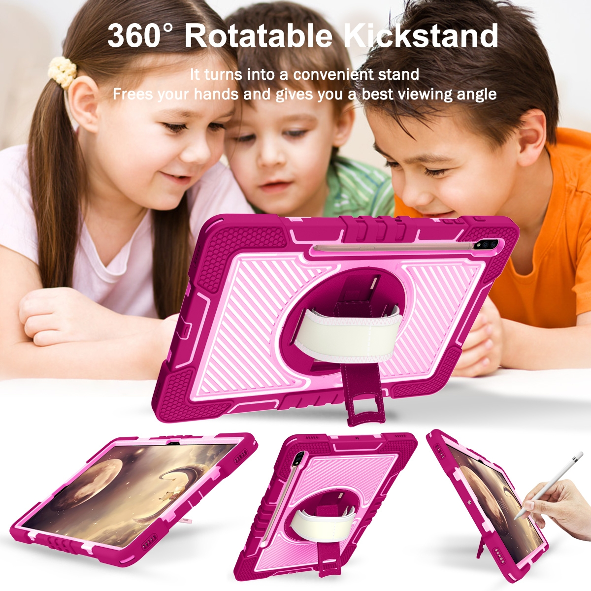 Rosa Tablethülle mit drehbarem Ständer, verwendet von drei Kindern.