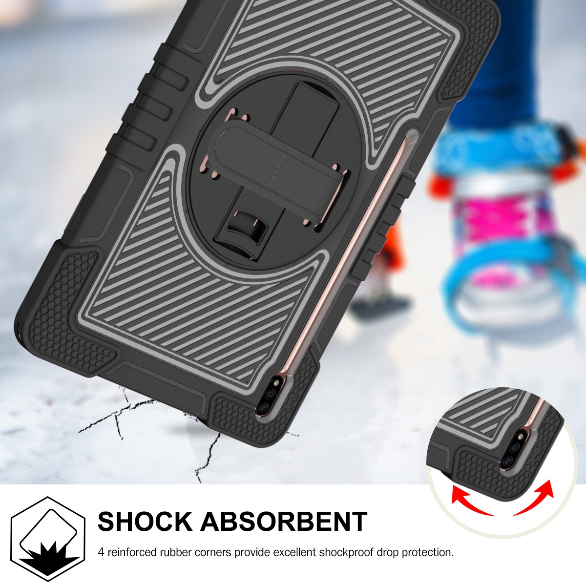 Schwarze Tablethülle mit Handschlaufe. Die Hülle liegt auf einer Oberfläche mit Rissen, ein Kreis zeigt Ecken.