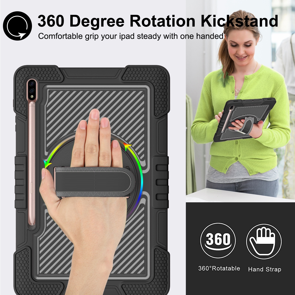 Eine Person hält ein Tablet in einer schwarzen Hülle mit Handschlaufe. Die Hülle hat einen Ständer. Ein Stift ist sichtbar.