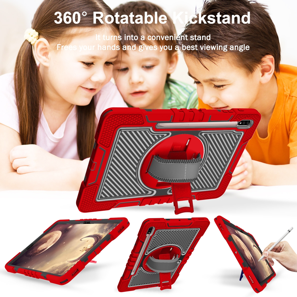 Kinder betrachten ein rotes Tablet in verschiedenen Positionen. Tablet hat ein rotes Gehäuse und einen Ständer.