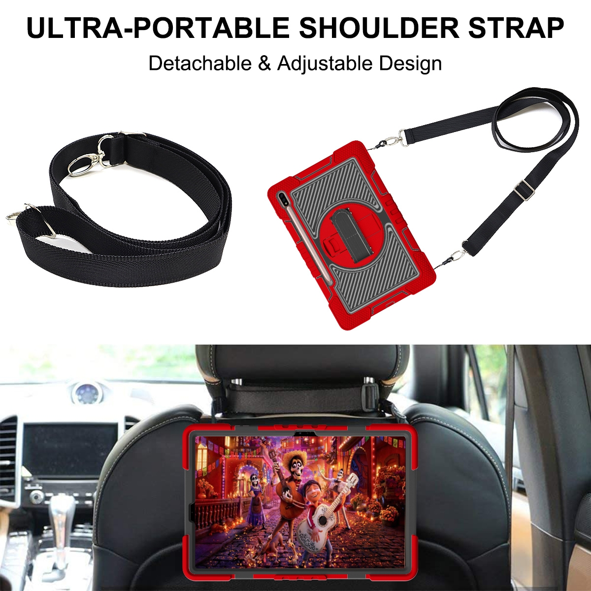 Ein Tablet mit roter Hülle in einer Kopfstütze im Auto. Ein schwarzer Riemen mit einem Tablet daran. Der Hintergrund ist weiß.