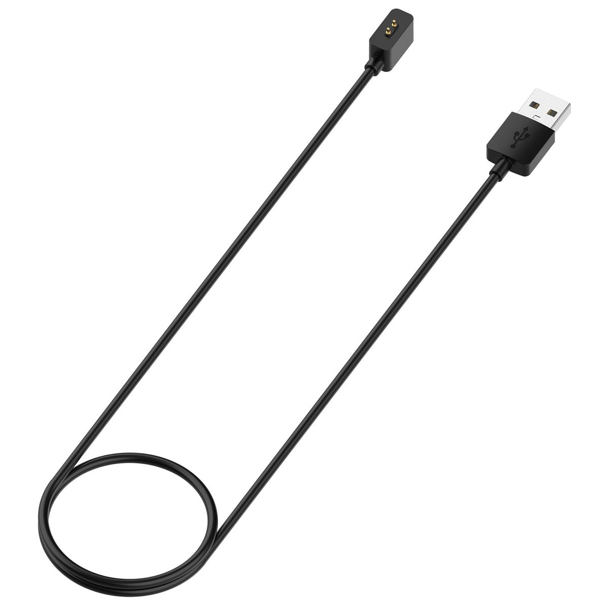 Ein schwarzes Ladekabel mit USB-Anschluss an einem Ende und einem kleinen Stecker am anderen.