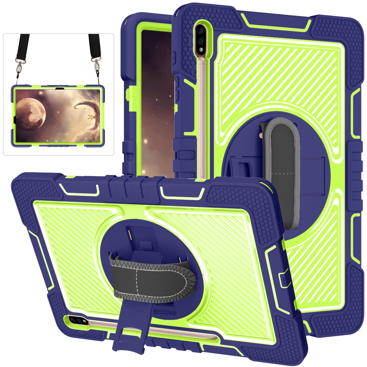 / 360 aufstellbar Tasche mit Grad Halte-Schlaufe Grün Tablethülle Kunststoff WIGENTO Samsung für / Hybrid Silikon, Backcover Outdoor Blau