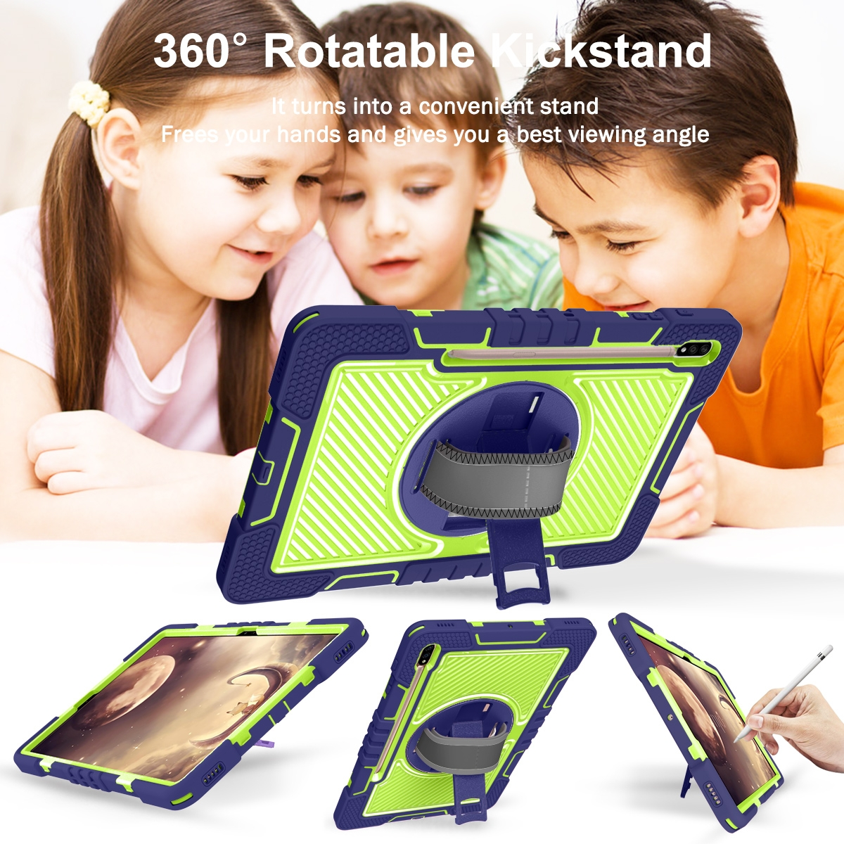Kinder schauen auf ein Tablet in einer Schutzhülle mit Ständer.