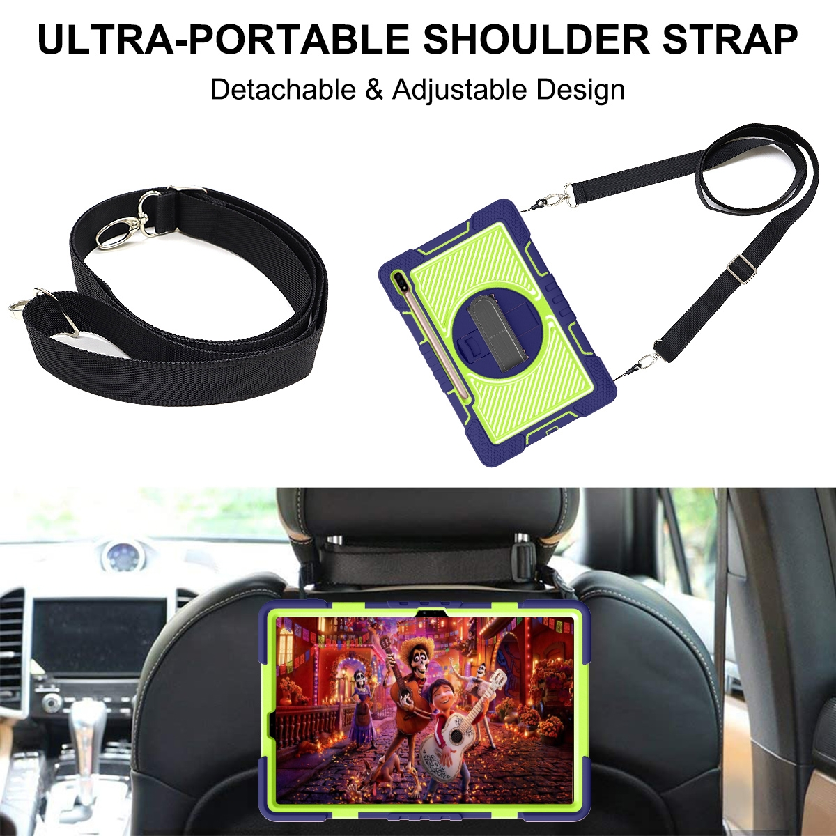 Tablet in einer Kopfstützenhalterung im Auto. Schulterriemen und ein separates Riemenstück werden gezeigt.