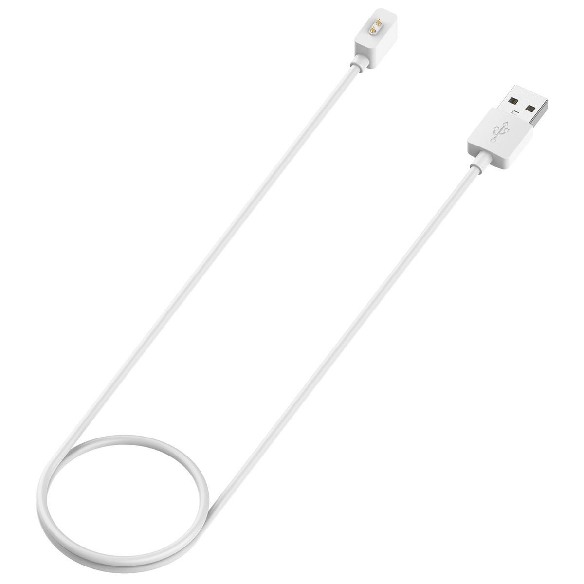 Weißes Ladekabel mit USB- und Magnetanschluss. Weißes Kabel. Weißer Hintergrund.