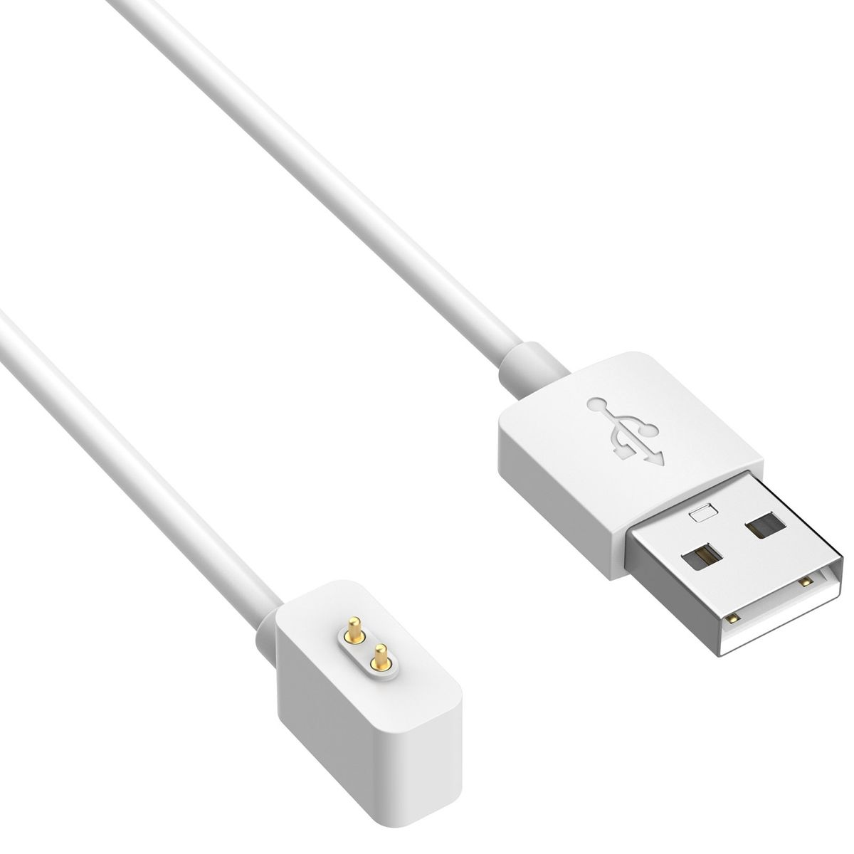 Weißes USB-Ladekabel. Ein Ende ist USB-A, das andere ein kleines Quadrat mit zwei Goldstiften.