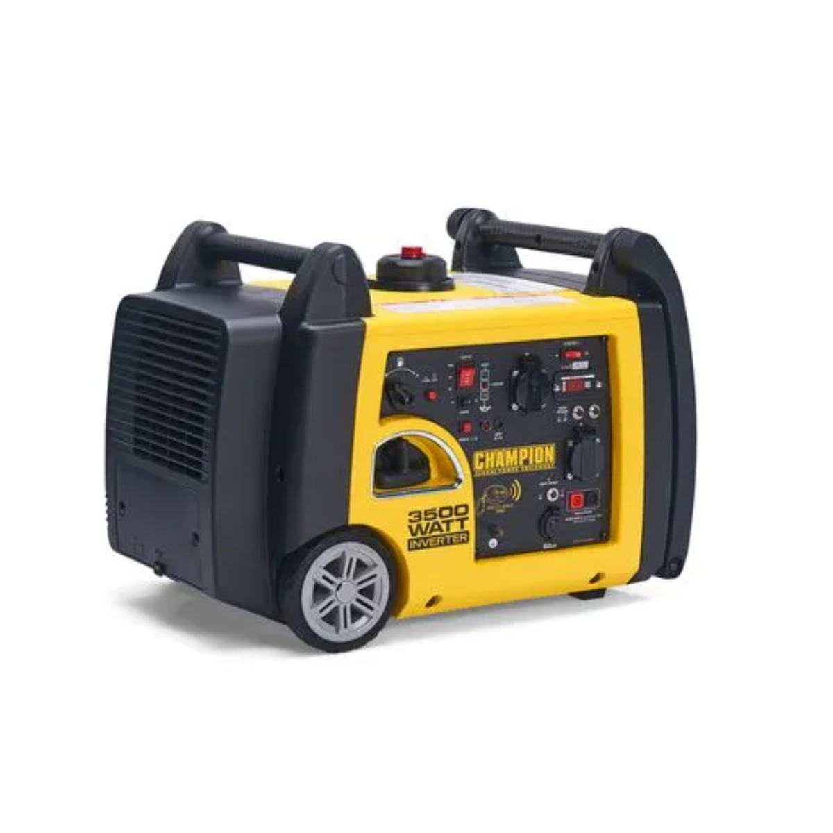 Gelb-schwarzer Champion Inverter-Generator. Merkmale sind Bedienfeld, Räder und Tragegriff. Isoliert auf Weiß.