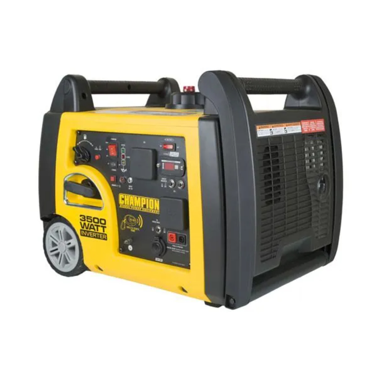 Gelb-schwarzer tragbarer Generator mit Rädern. Markenname Champion ist sichtbar. Dunkler Hintergrund.