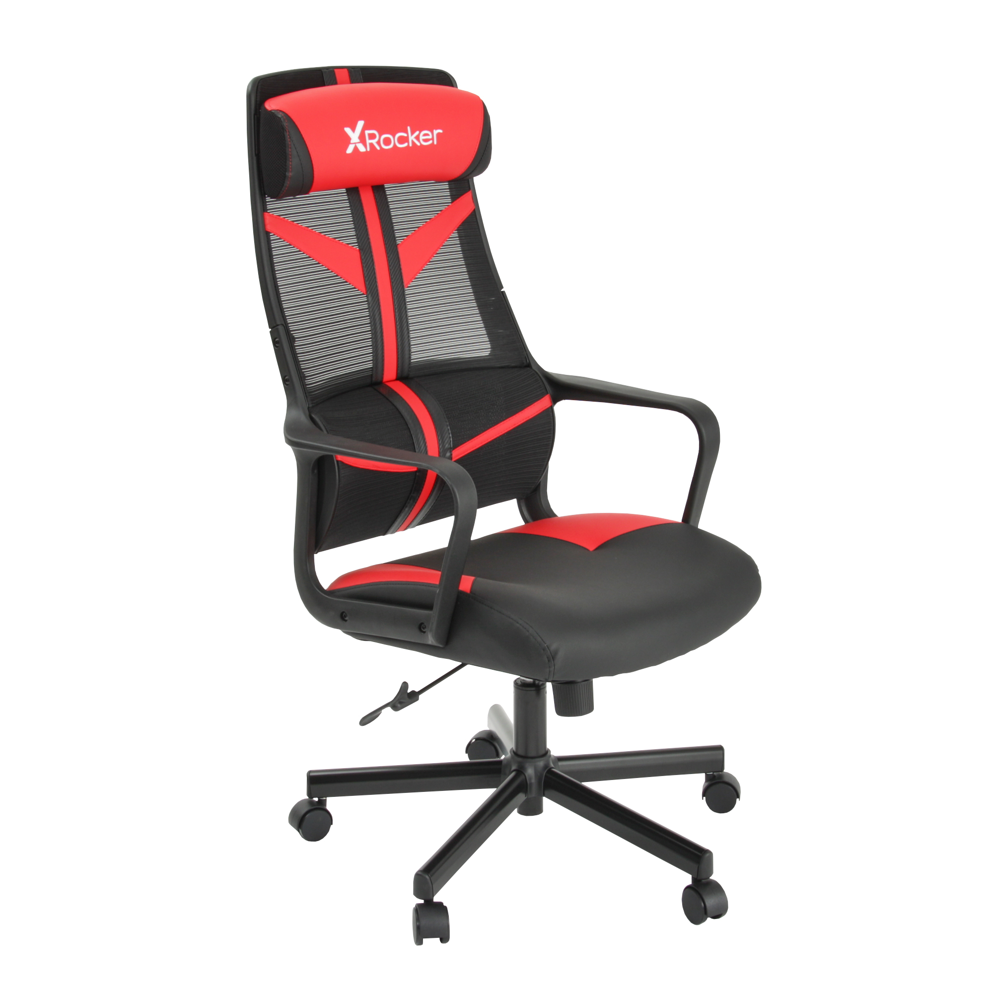 Schwarzer und roter Gaming-Stuhl mit Kopfstütze, Netzrücken, Armlehnen und Rollen.