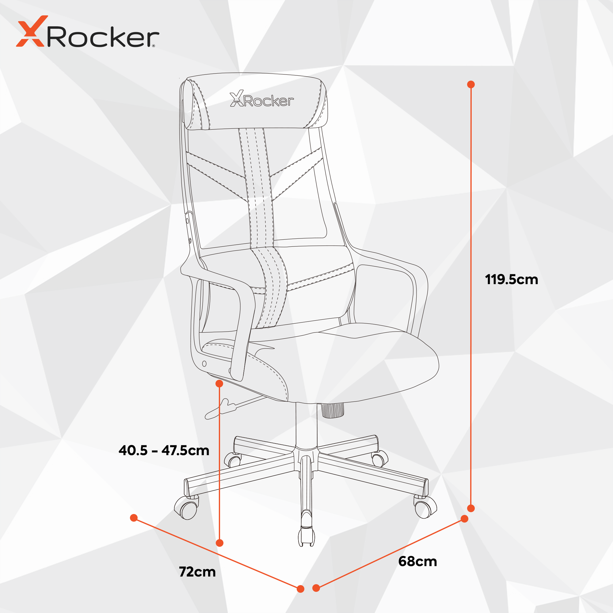 Ein XRocking Gaming-Stuhl wird mit beschrifteten Abmessungen gezeigt. Er hat ein Schwarz-Weiß-Design.
