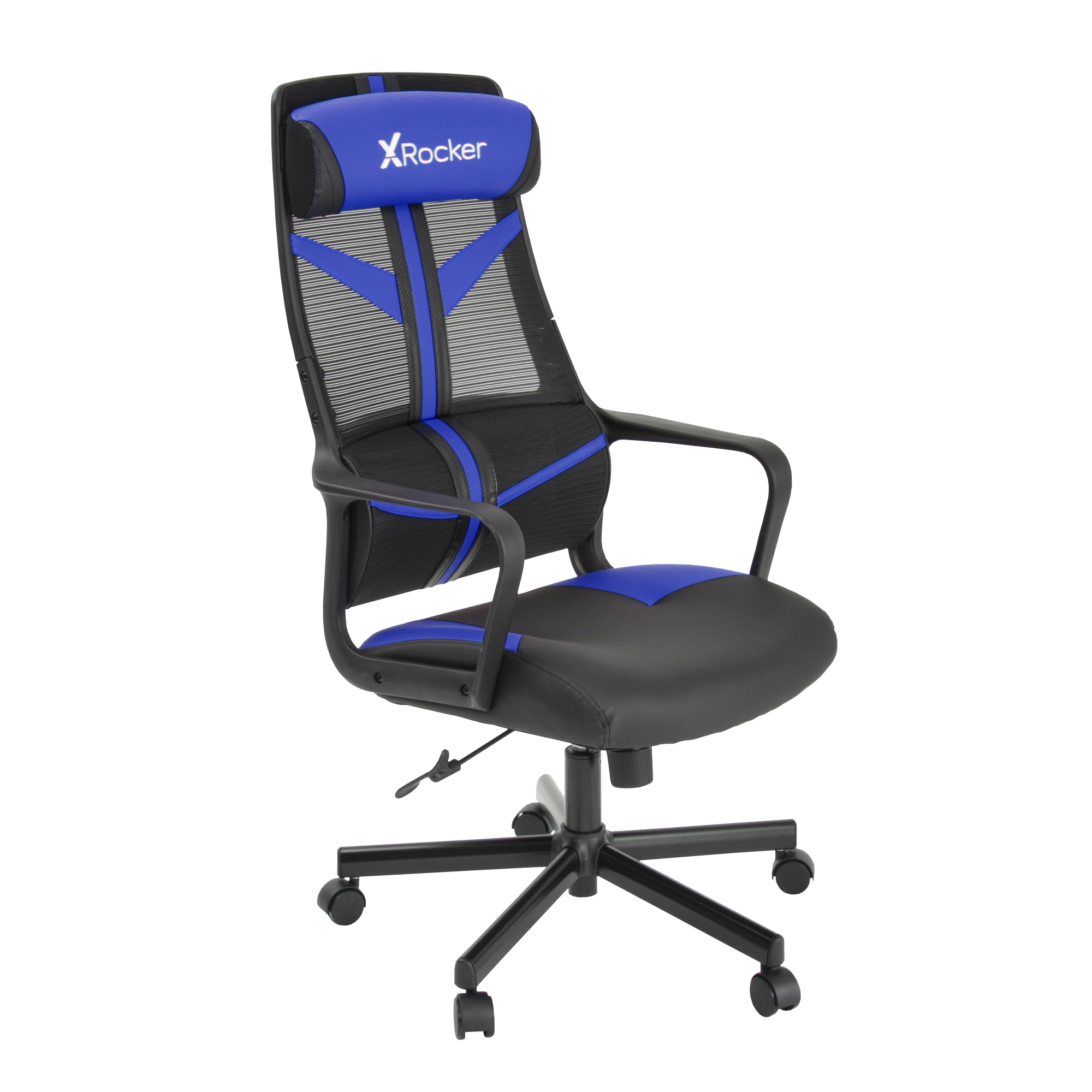 Gaming-Stuhl mit schwarzen und blauen Akzenten. Mit Netzrücken, Kopfstütze mit Logo und Rollen.