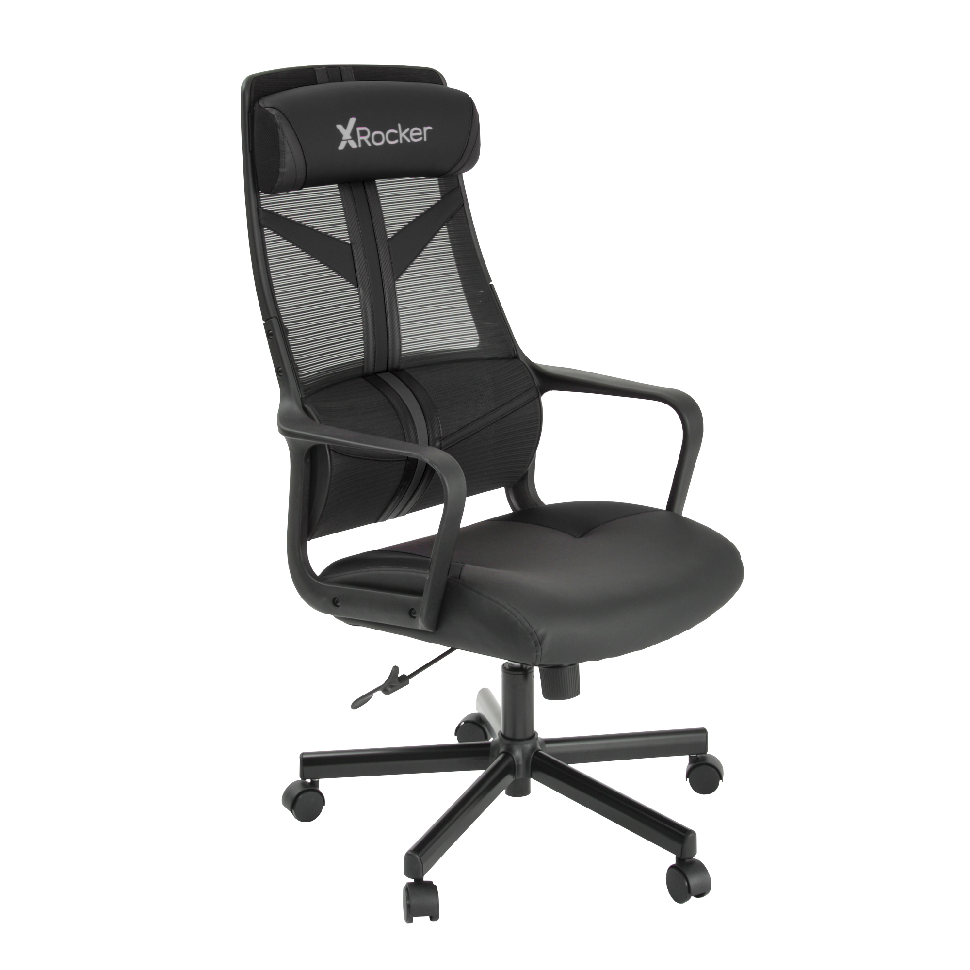 Schwarzer ergonomischer Bürostuhl mit Netzrücken und Kopfstütze. X Rocker-Logo auf der Kopfstütze.