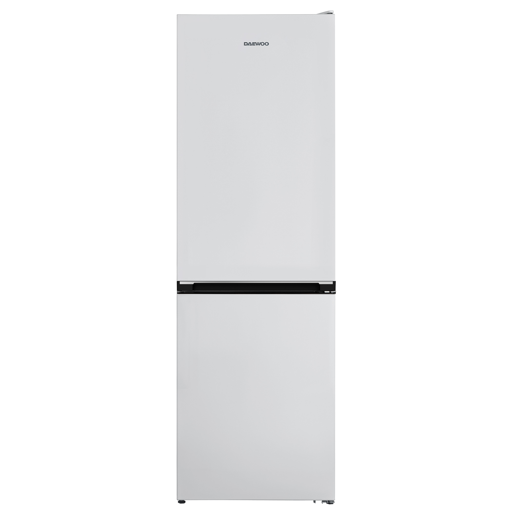 Ein weißer Daewoo-Kühlschrank mit schwarzem Griff und Unterseite.