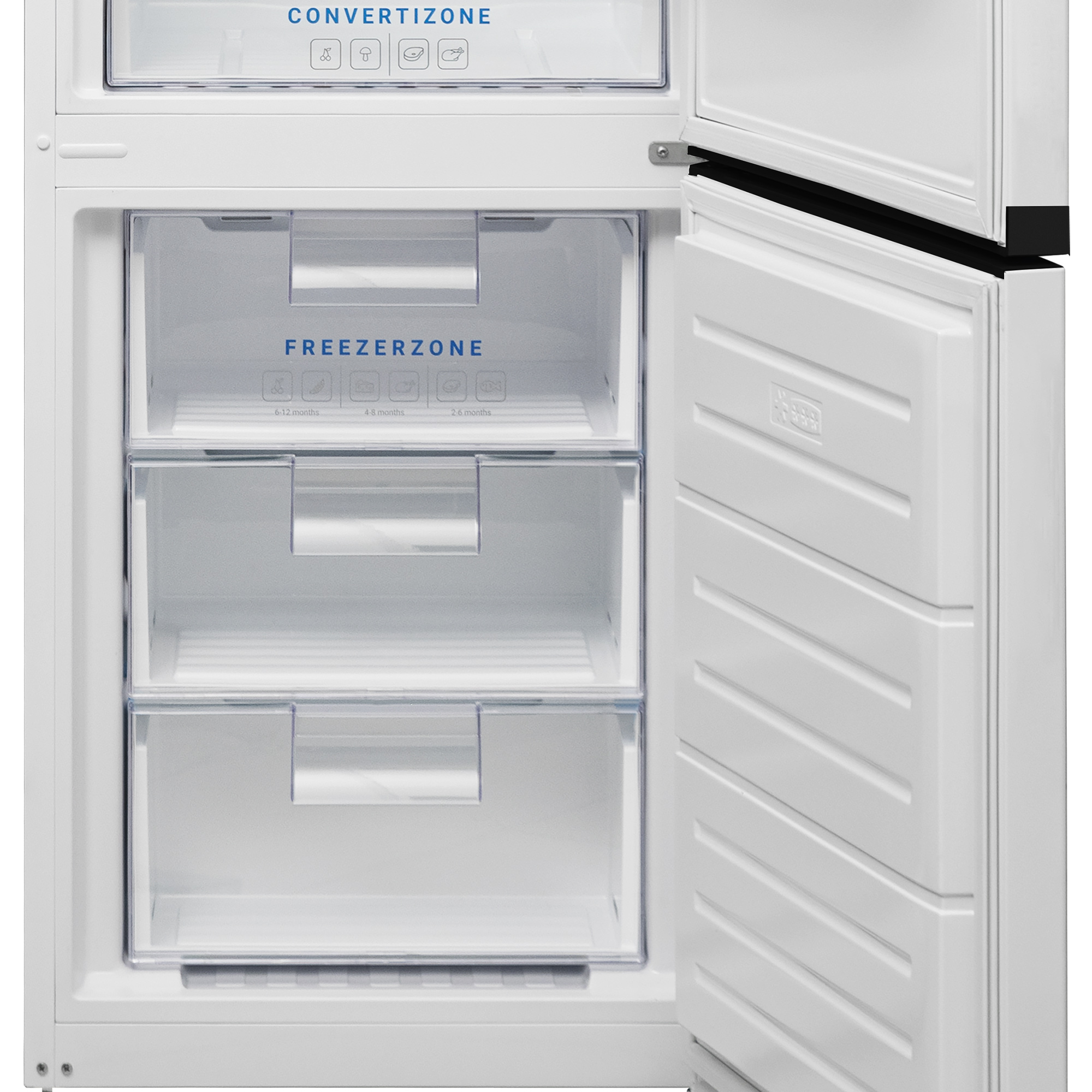 Offener weißer Kühlschrank mit Gefrierschubladen. Freezerzone-Etikett und Convertizone darüber. Weißer Hintergrund.