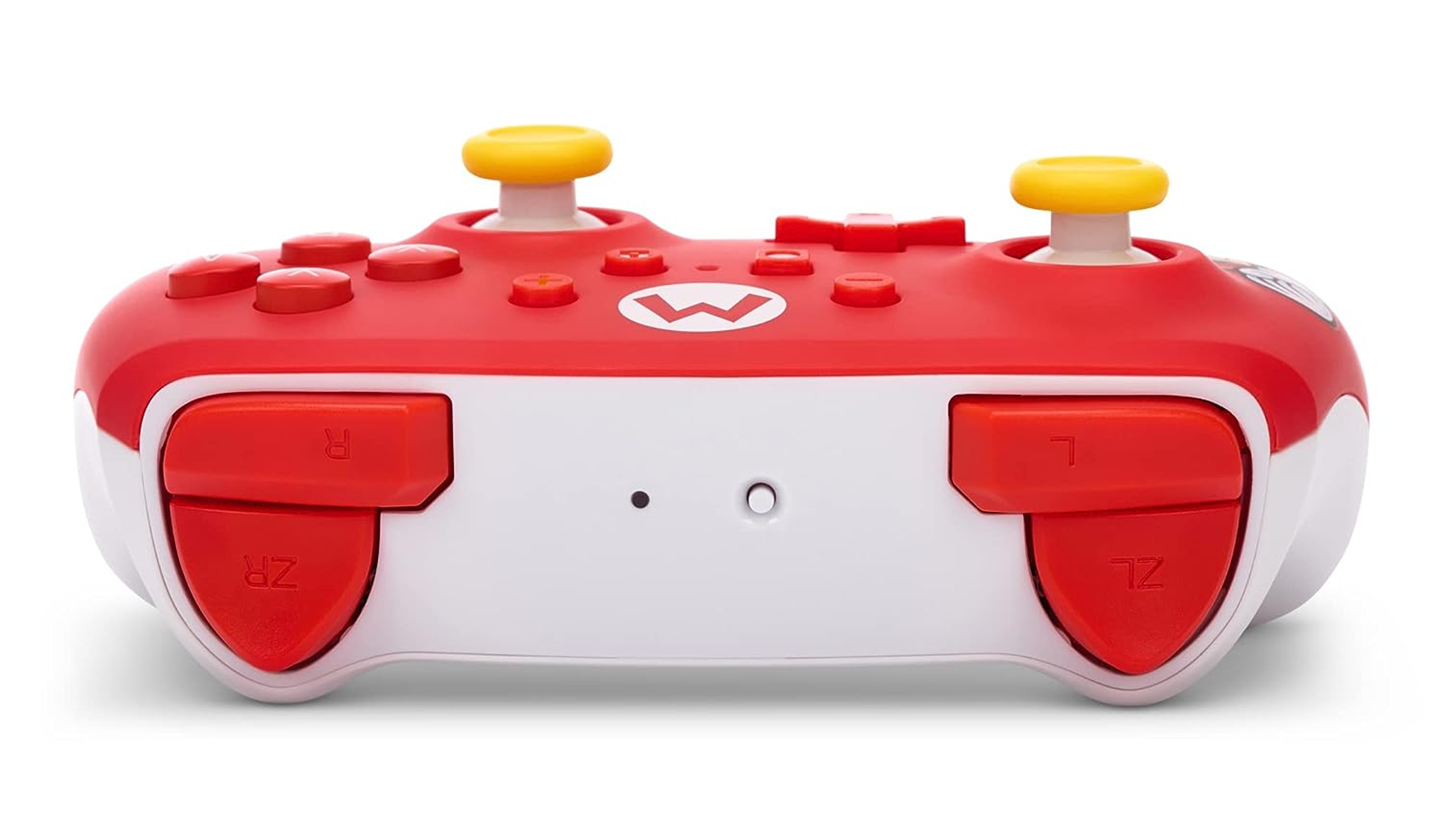 Czerwono-biały kontroler Nintendo Switch. Żółte joysticki. Czerwone przyciski. Białe logo 'W'.