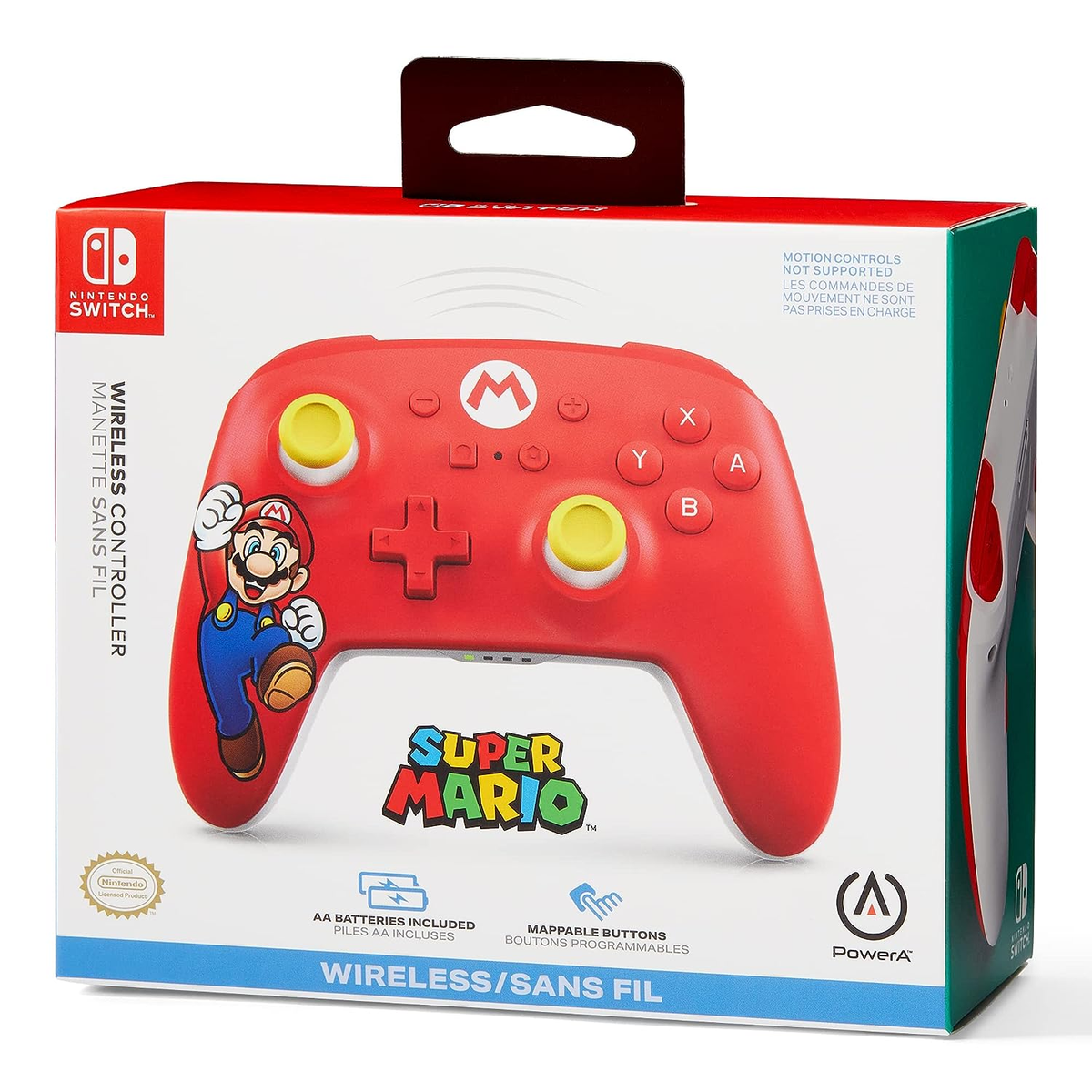 Czerwony kontroler Nintendo Switch Super Mario w pudełku. Pudełko ma Mario.