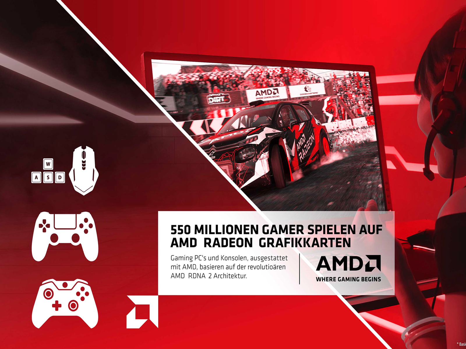 Gaming-Setup-Anzeige mit Grafiken. PC-Bildschirm, Controller und Tastatursymbole in Rot.