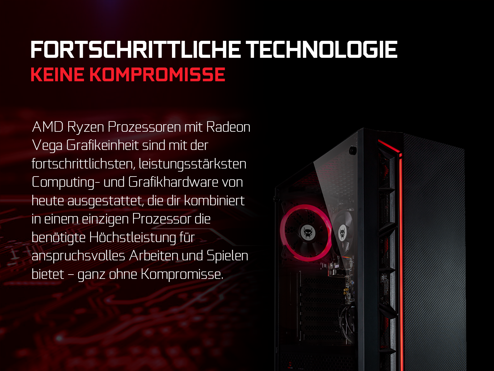 Czarna i czerwona obudowa komputera z tekstem o procesorach AMD Ryzen. Widoczne czerwone oświetlenie.