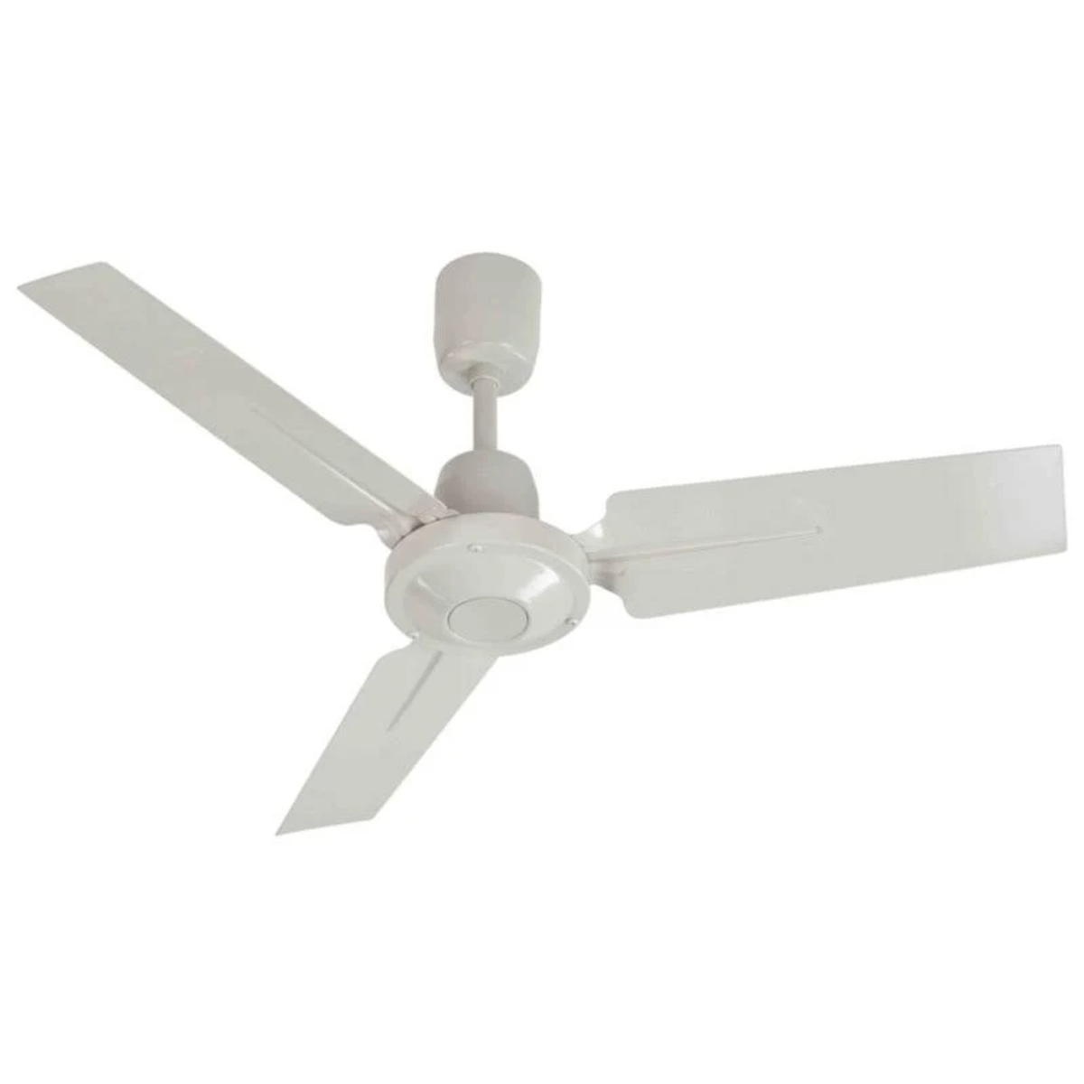 Biały wentylator sufitowy z trzema łopatkami. Znajduje się na białym tle.