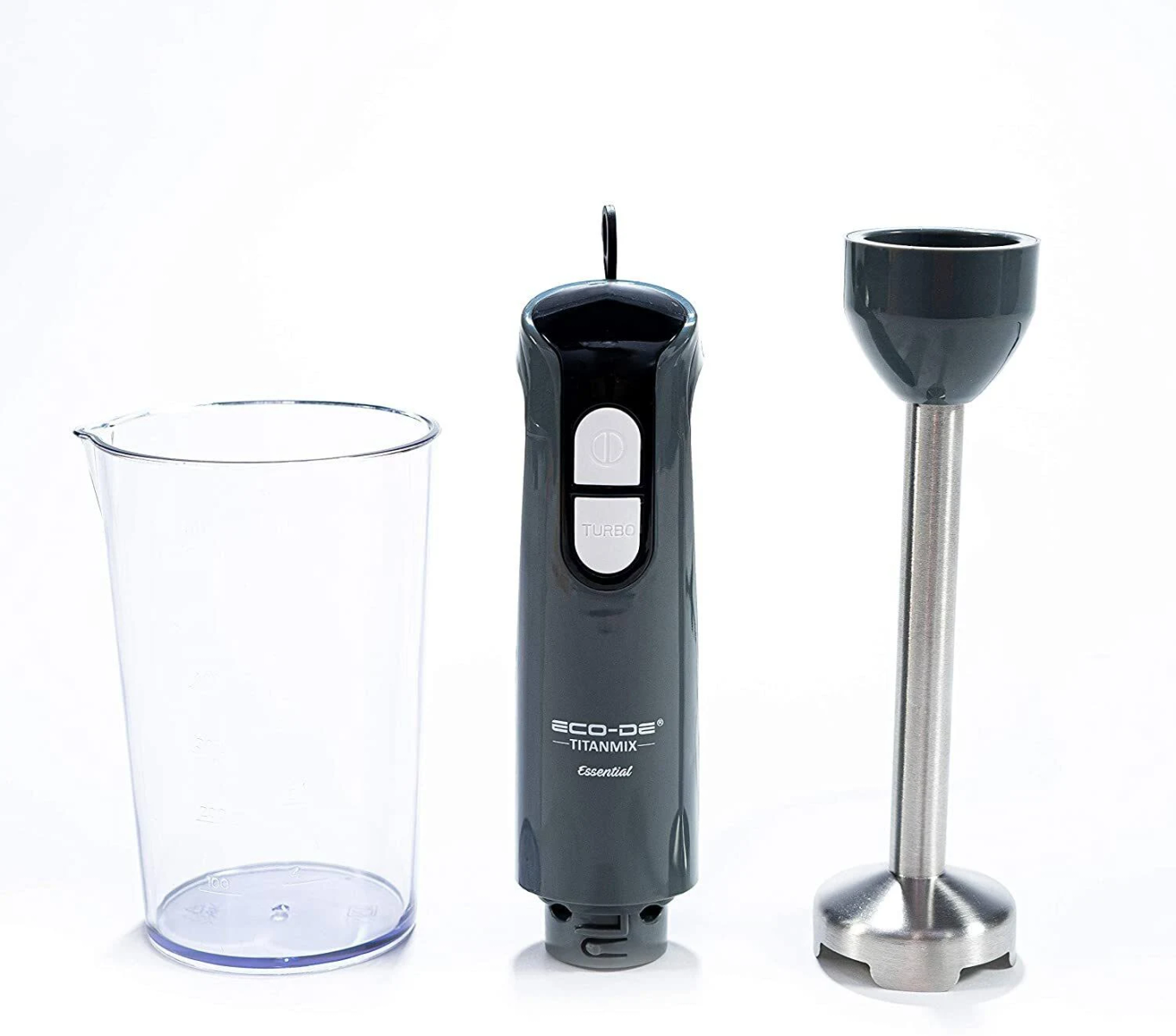 Partes de la licuadora: vaso medidor transparente, licuadora gris oscura y varilla mezcladora. Fondo blanco.