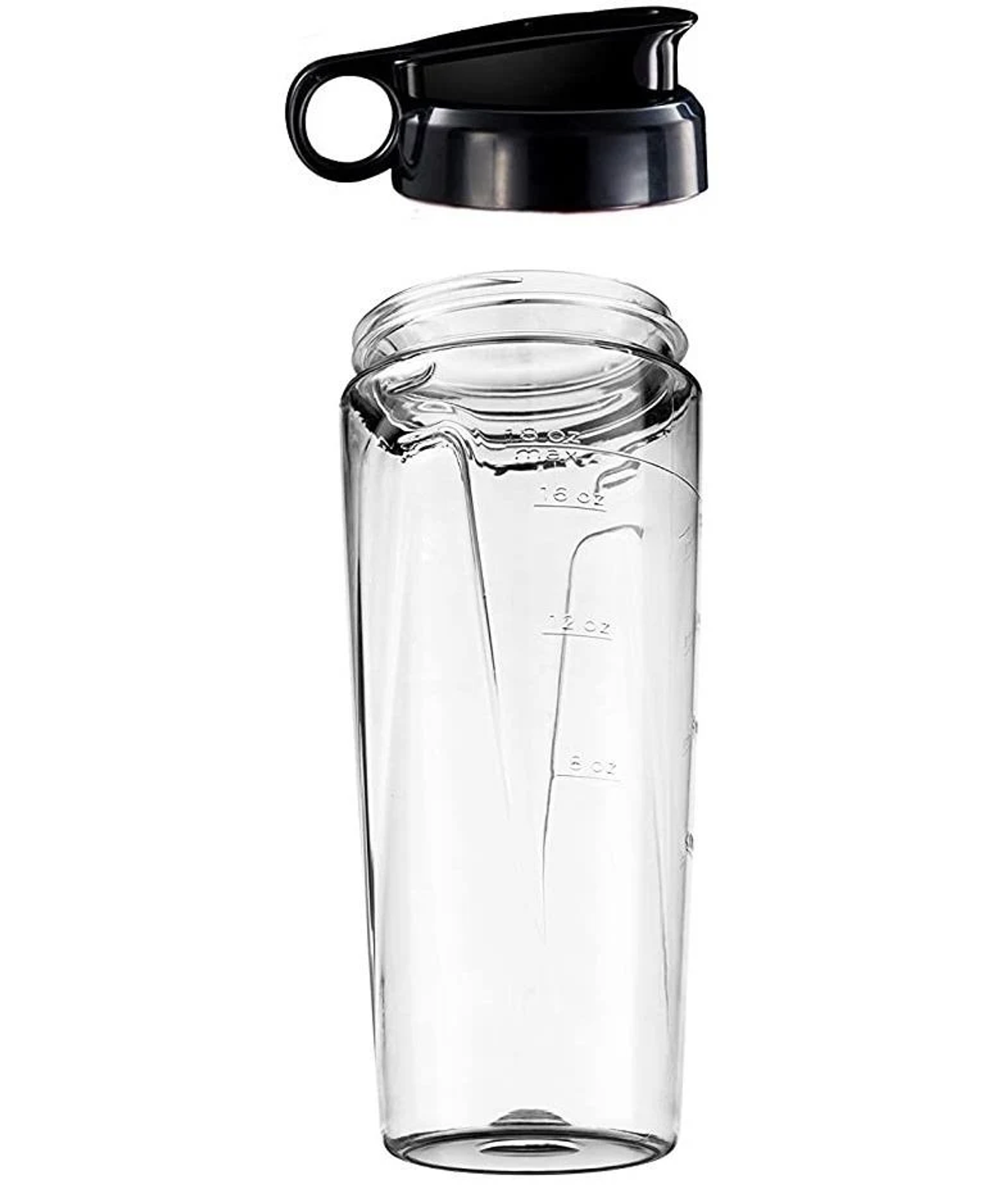 Eine transparente, zylindrische Wasserflasche mit Messungen und einem schwarzen Deckel.
