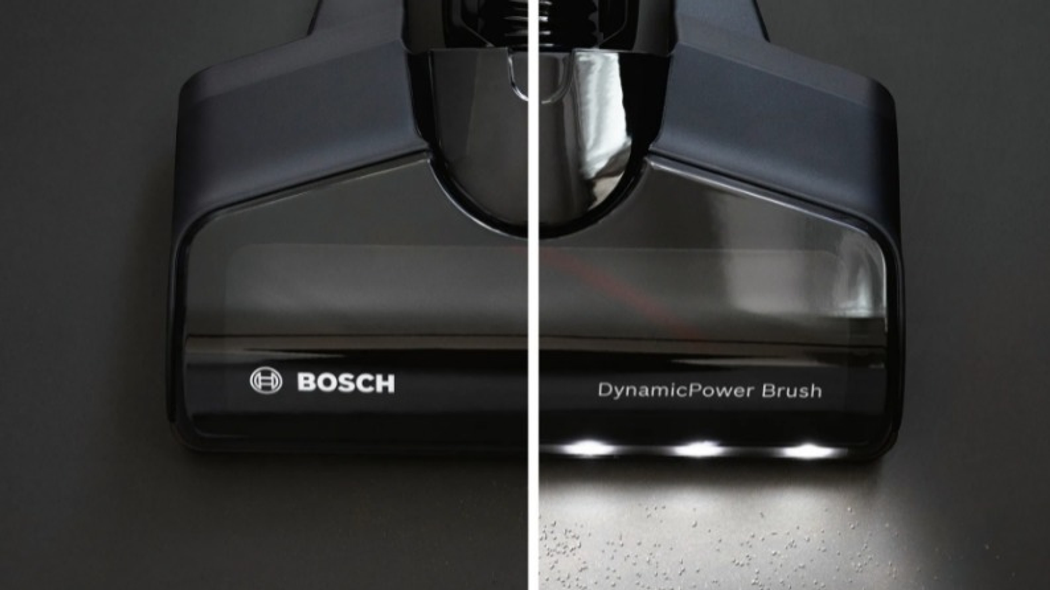 Primer plano del cabezal de una aspiradora Bosch, destacando el cepillo y el logotipo de la marca.