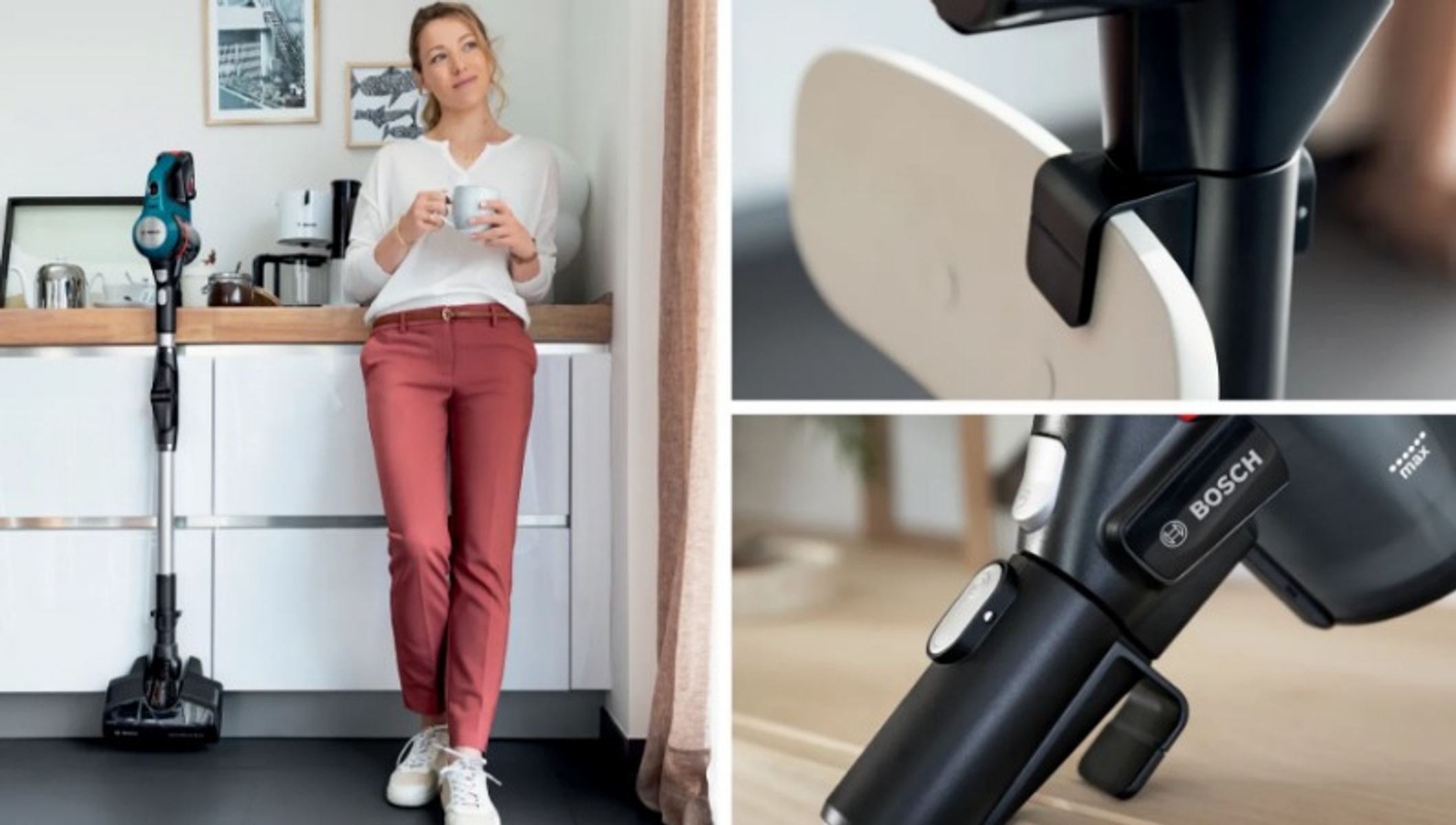 Mujer en cocina con aspiradora y taza. Detalles: limpiador, accesorios y mujer.