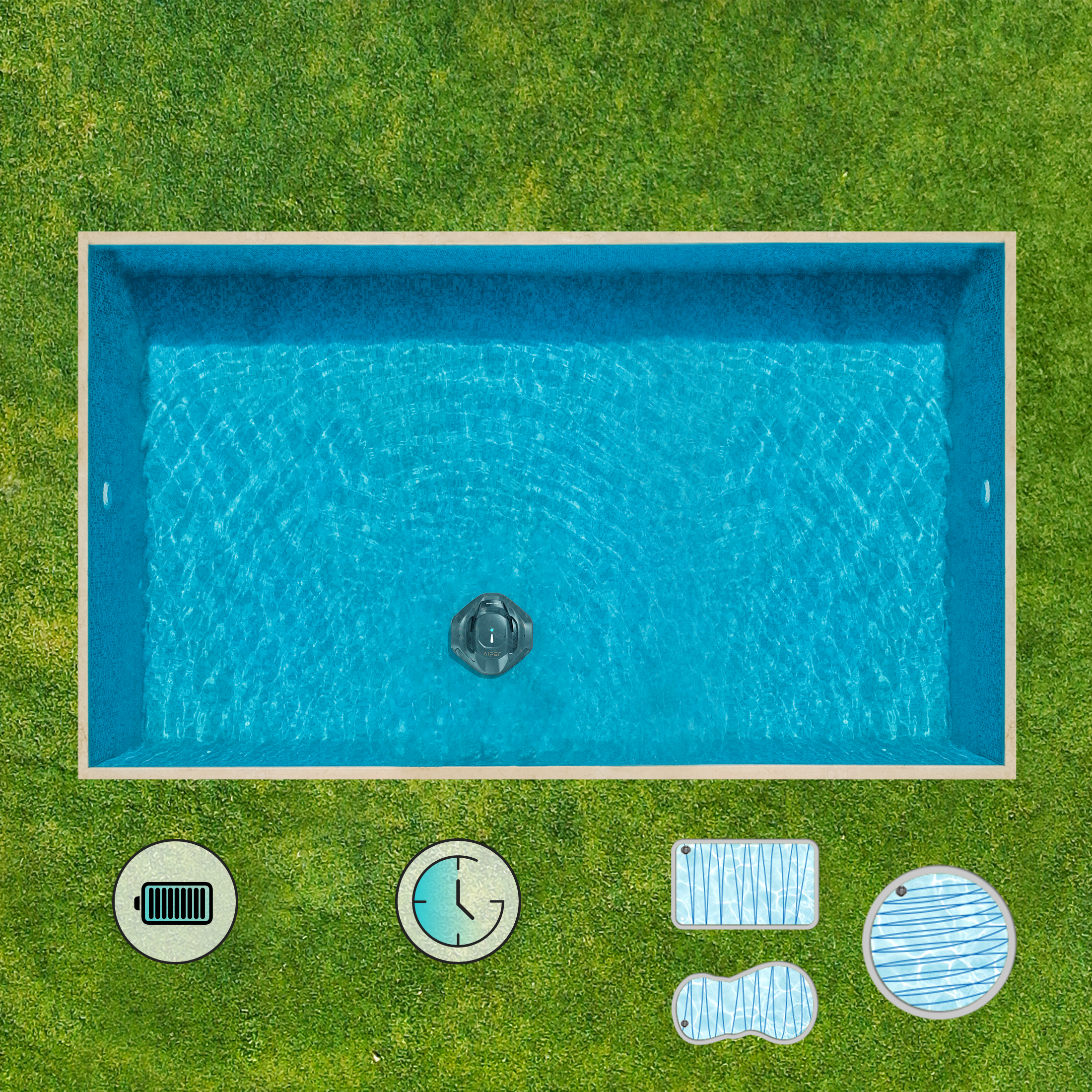 Una piscina con acqua blu e prato intorno. Ci sono anche icone intorno.