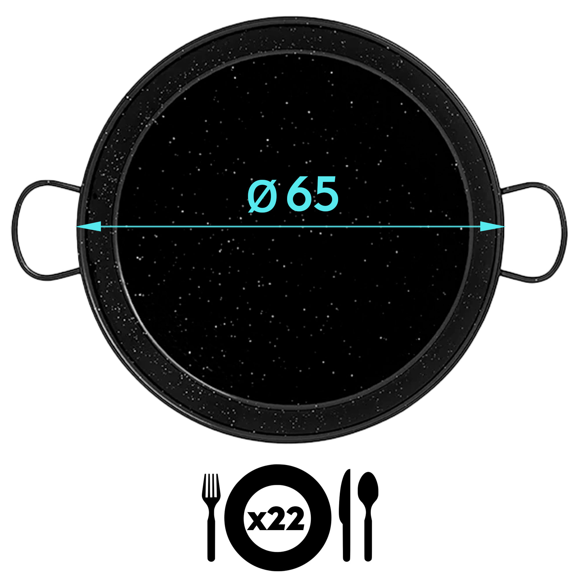 Paellera negra con asas, mide 65 cm, con iconos de utensilios.