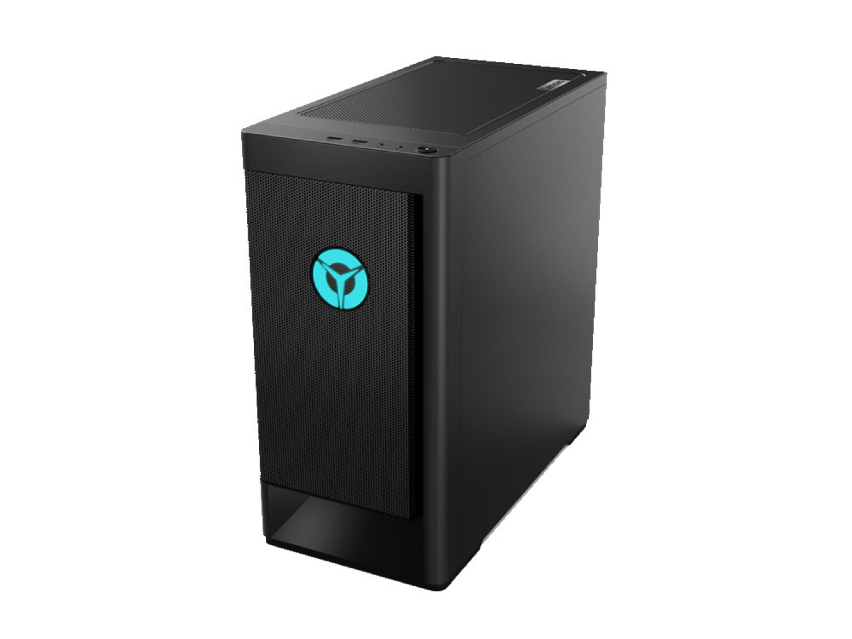 Schwarzer Lenovo-Desktop-Computer mit Mesh-Front und blauem Logo.