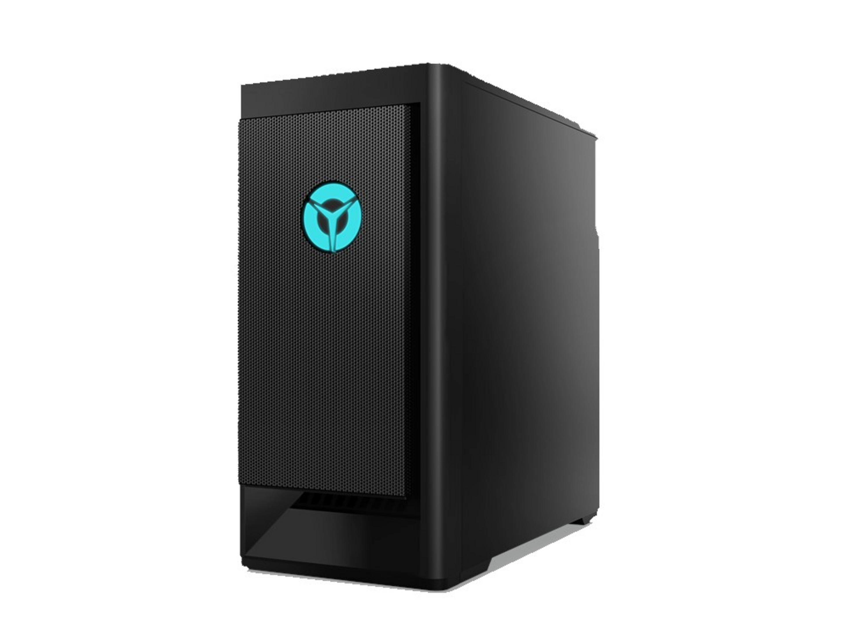 Ein schwarzer Desktop-Computer-Tower mit blau beleuchtetem Logo, auf weißem Hintergrund.