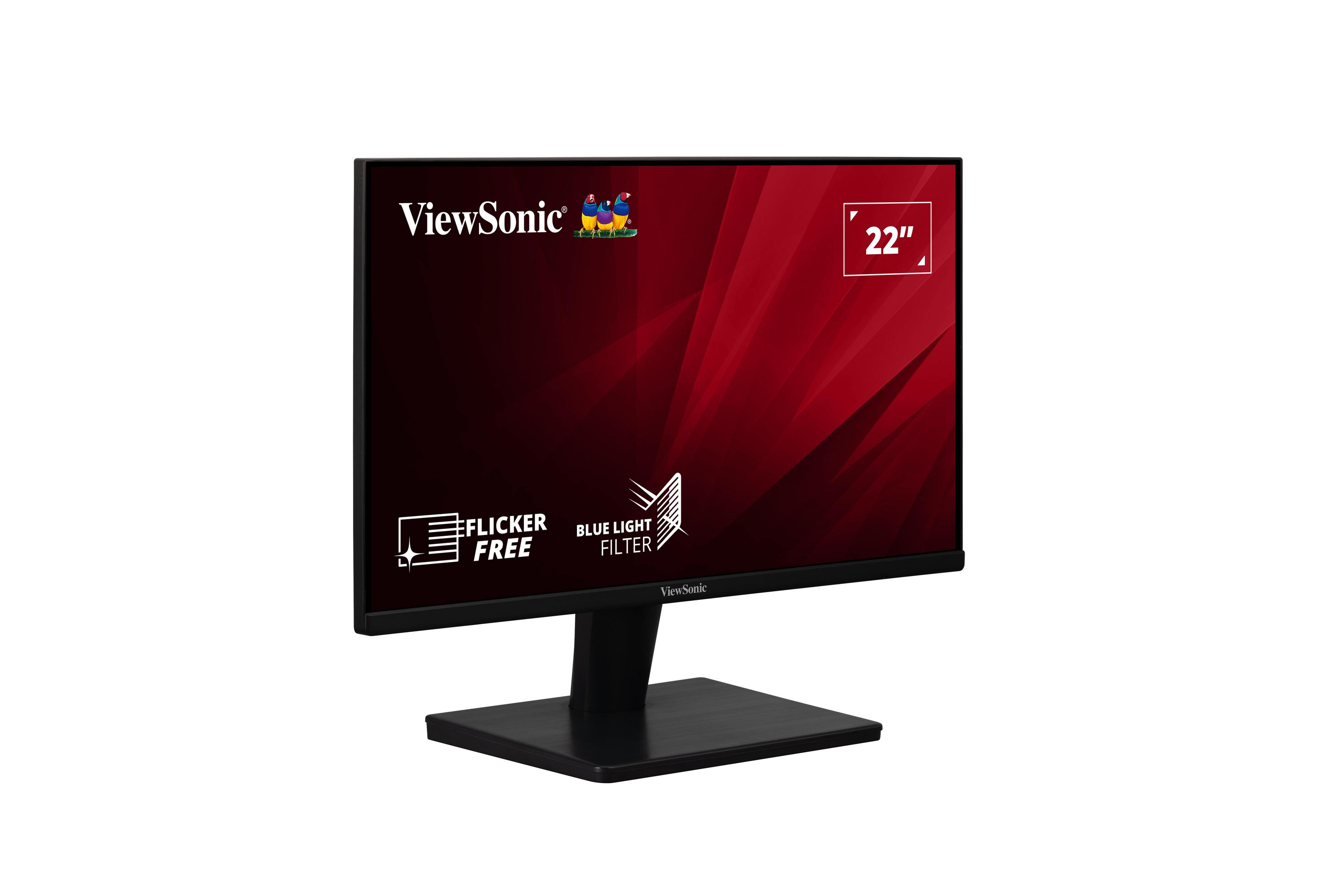 22-calowy monitor ViewSonic z czarną podstawą i czerwonym tłem.