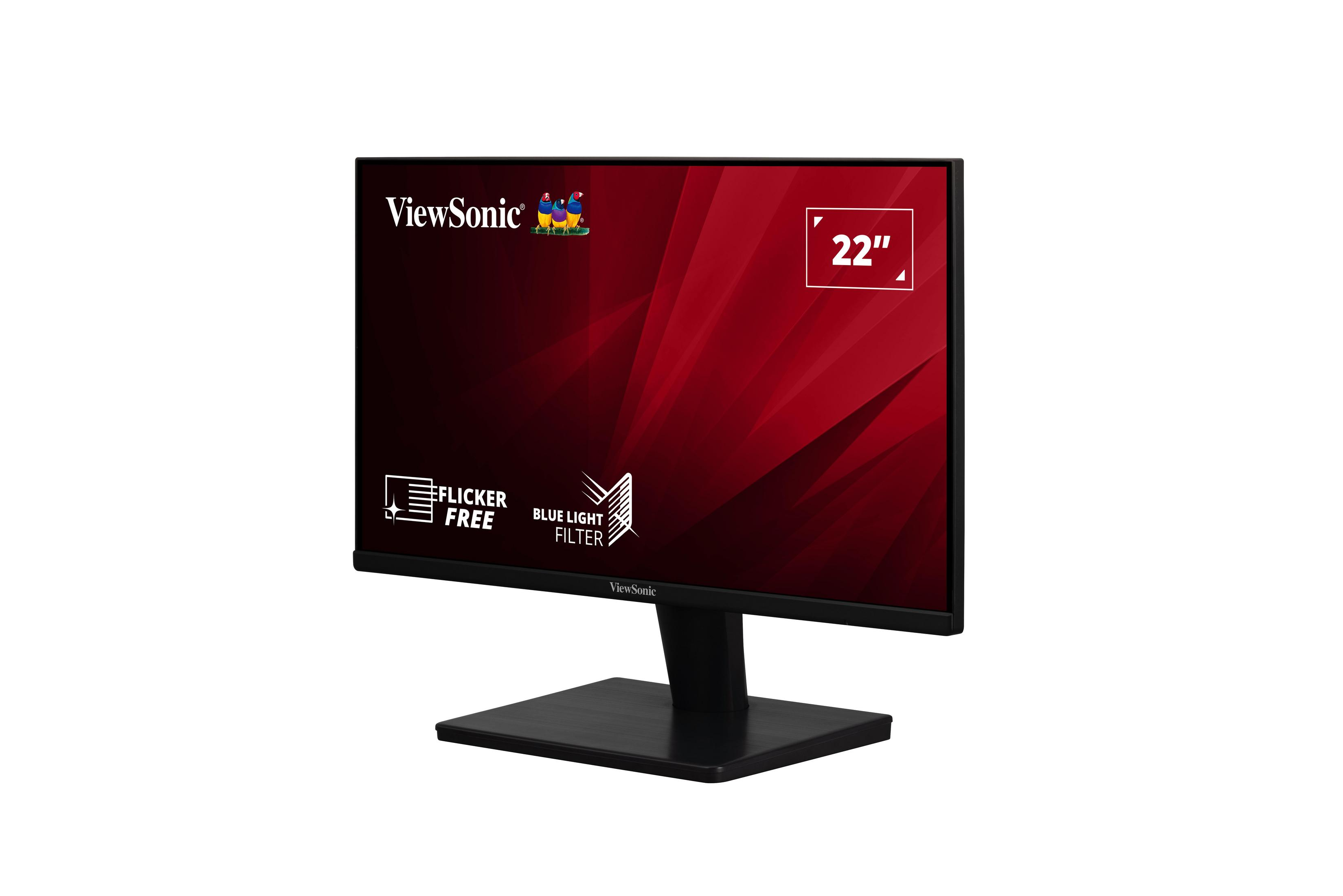 Monitor ViewSonic, czarny z czerwonym tłem, z napisem "22" i innymi funkcjami.