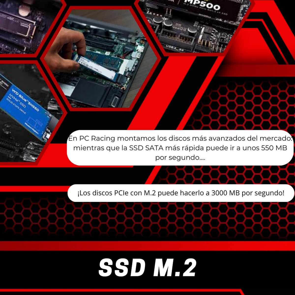 La imagen muestra un fondo rojo con texto y una unidad SSD M.2.