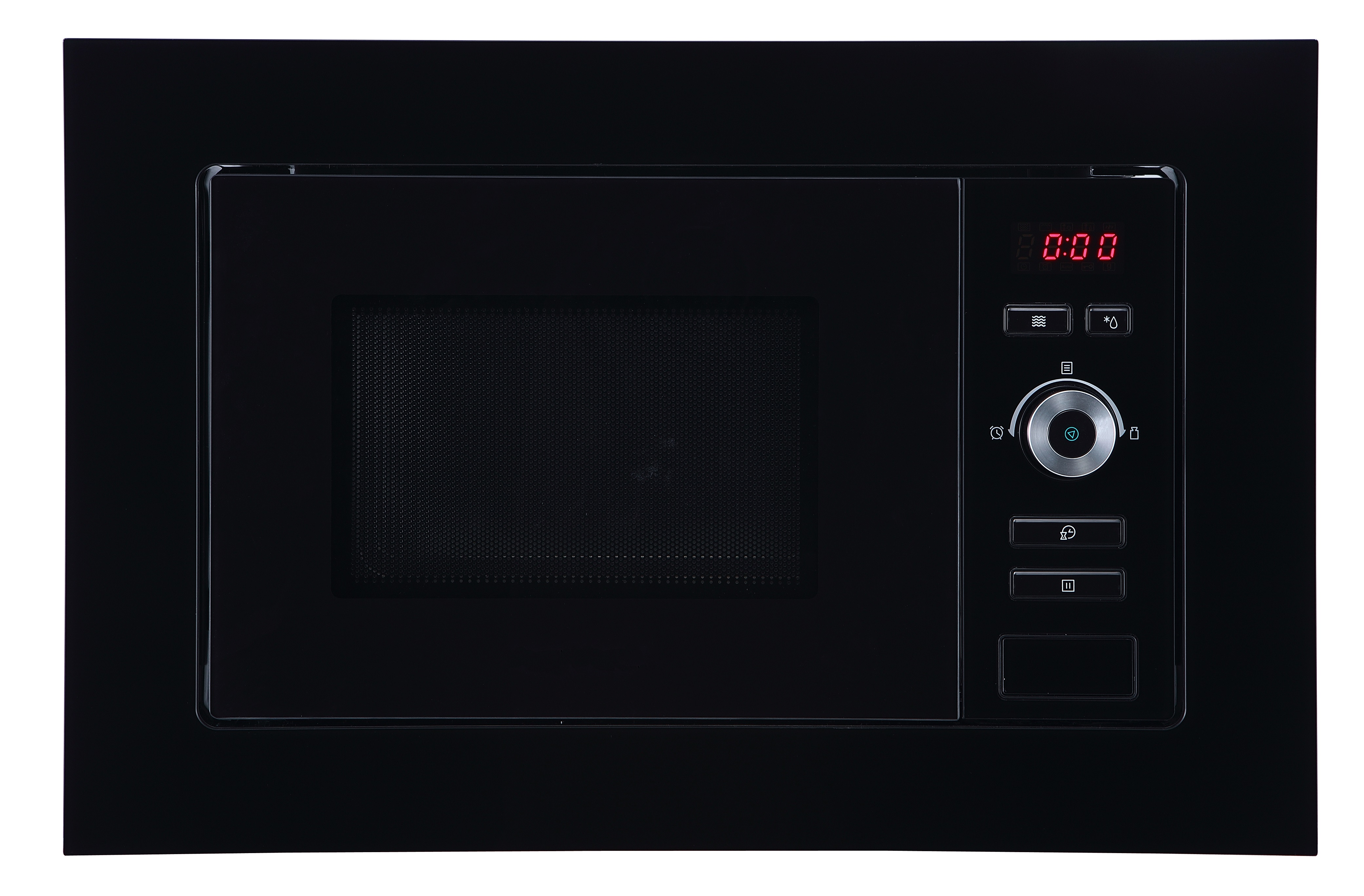 A black built-in microwave oven with a digital display showing the time. The control panel is visible.