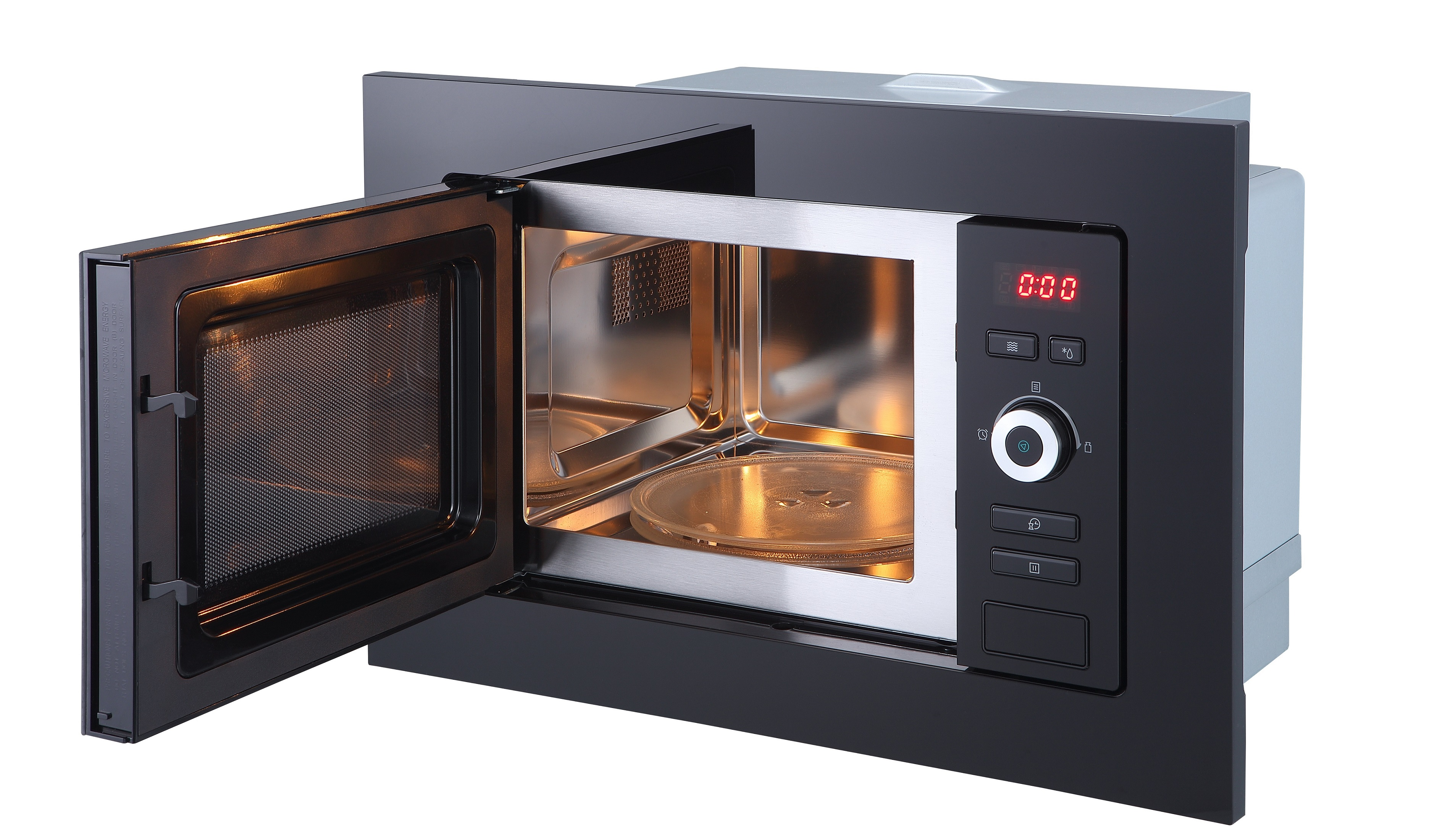 An open microwave oven with a glass plate inside. The display shows 0:00.