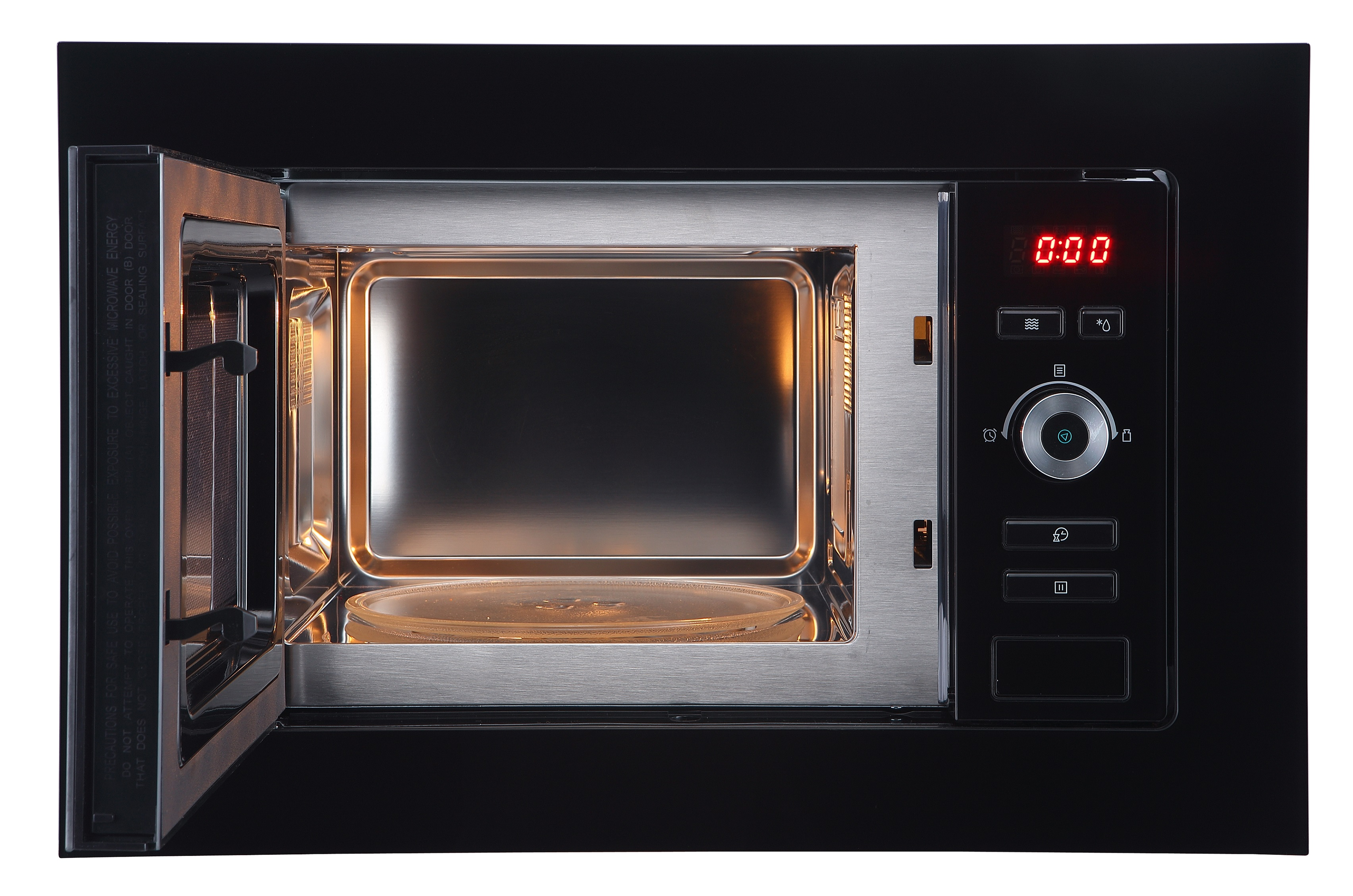 Black microwave with door open, showing interior and digital display.