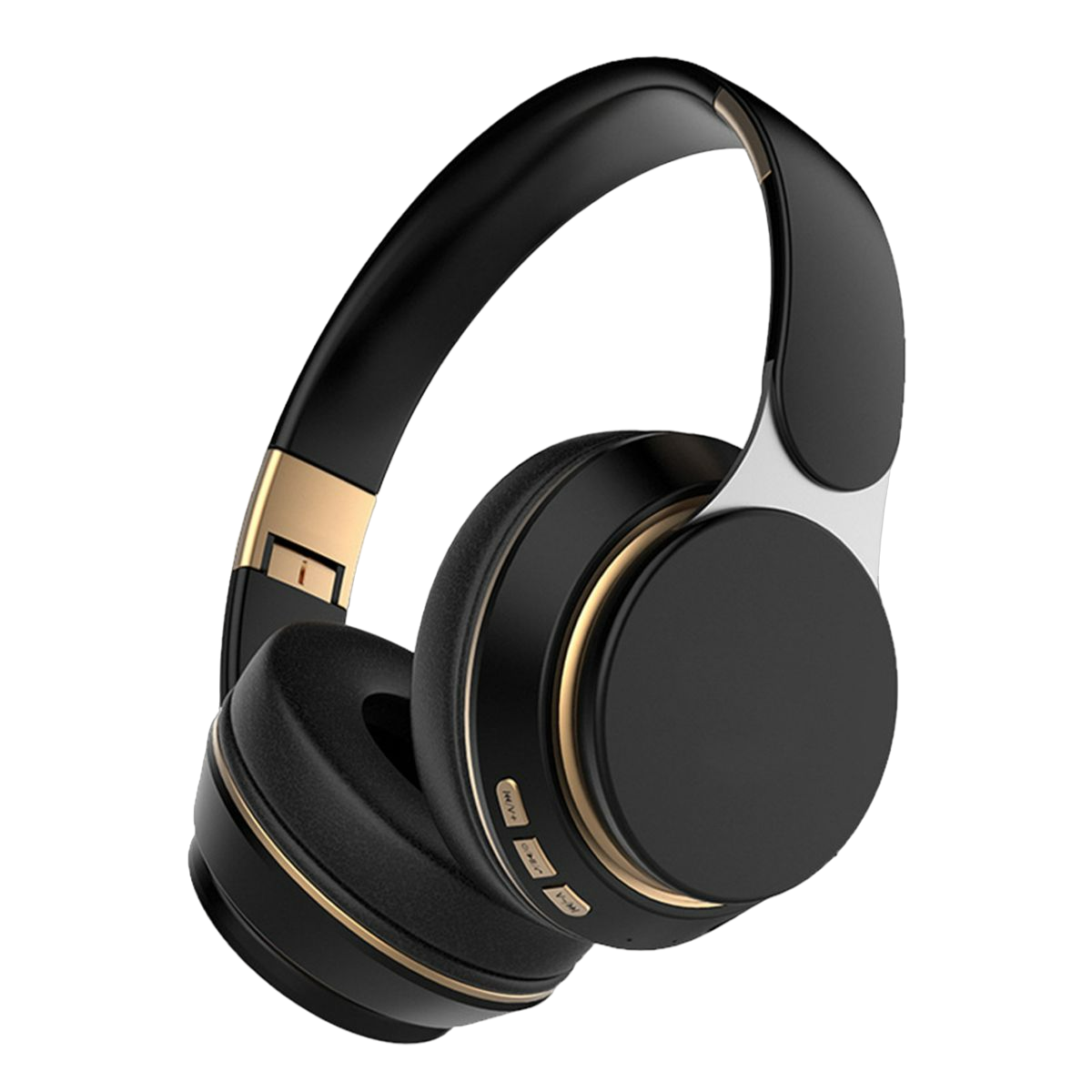 Czarne słuchawki ze złotymi akcentami. Nauszne są okrągłe. Posiadają elementy sterujące.
