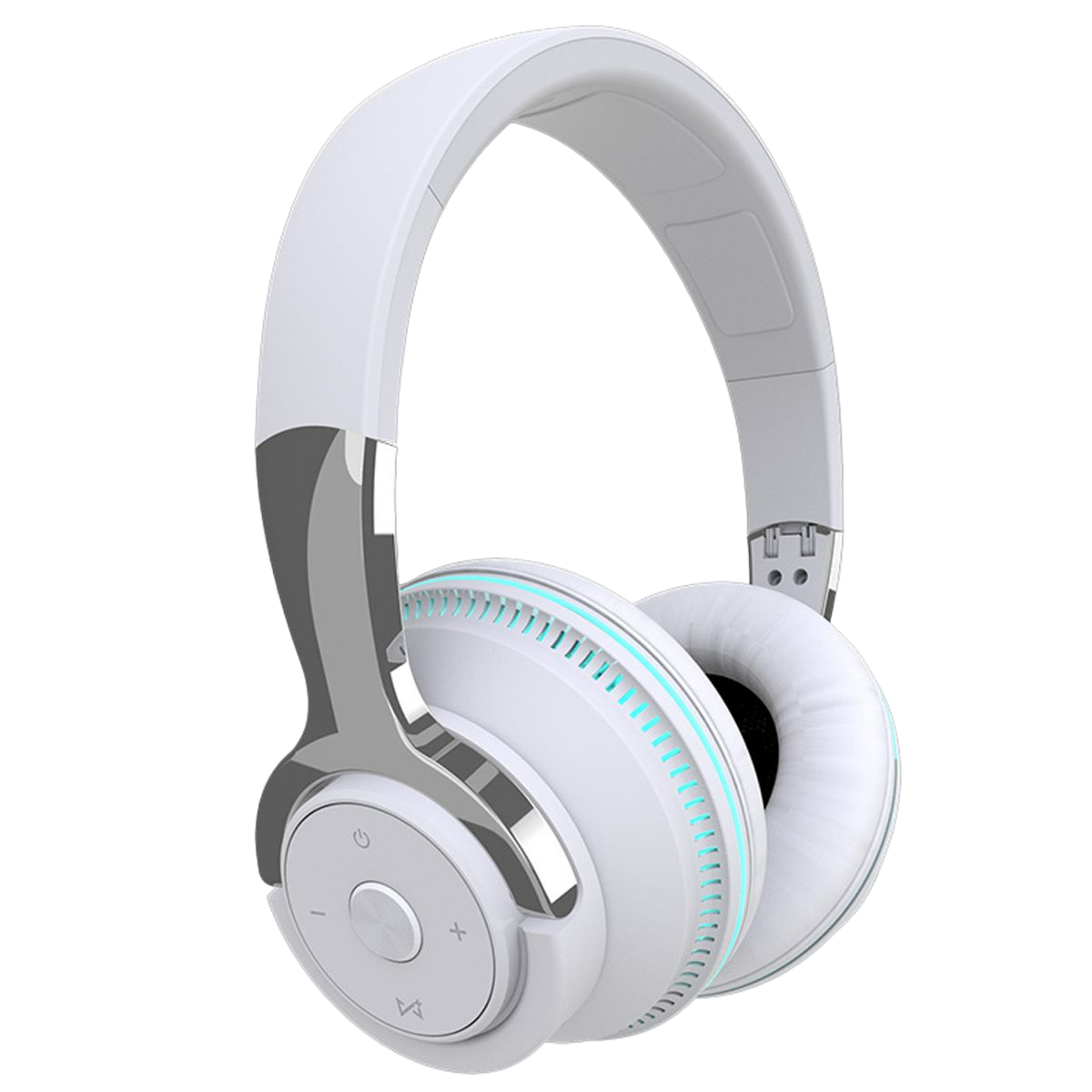 Białe słuchawki ze srebrnymi akcentami, jasnoniebieskimi akcentami i interfejsem przycisków.