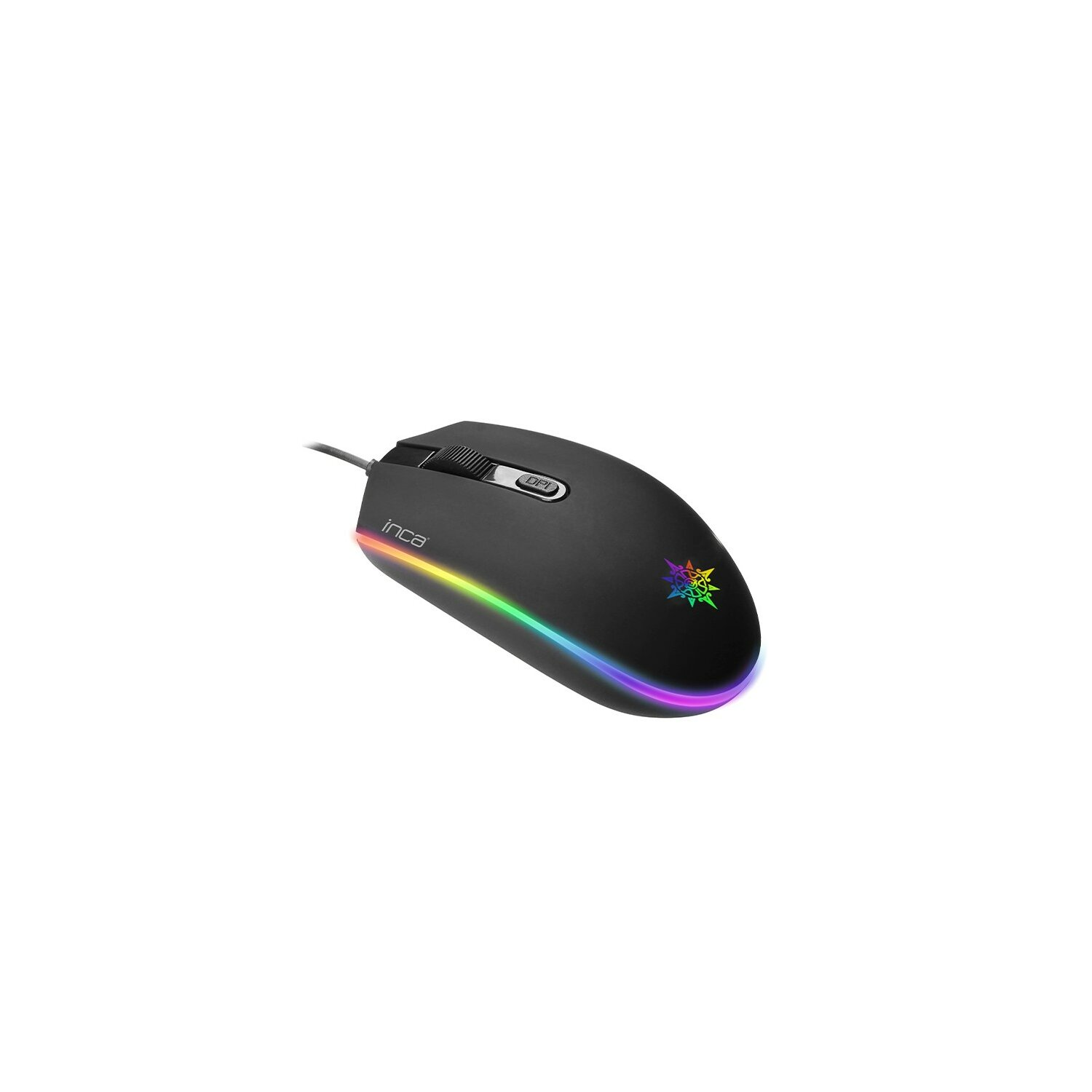 Schwarze Gaming-Maus mit LED-Kante und Inca-Logo.