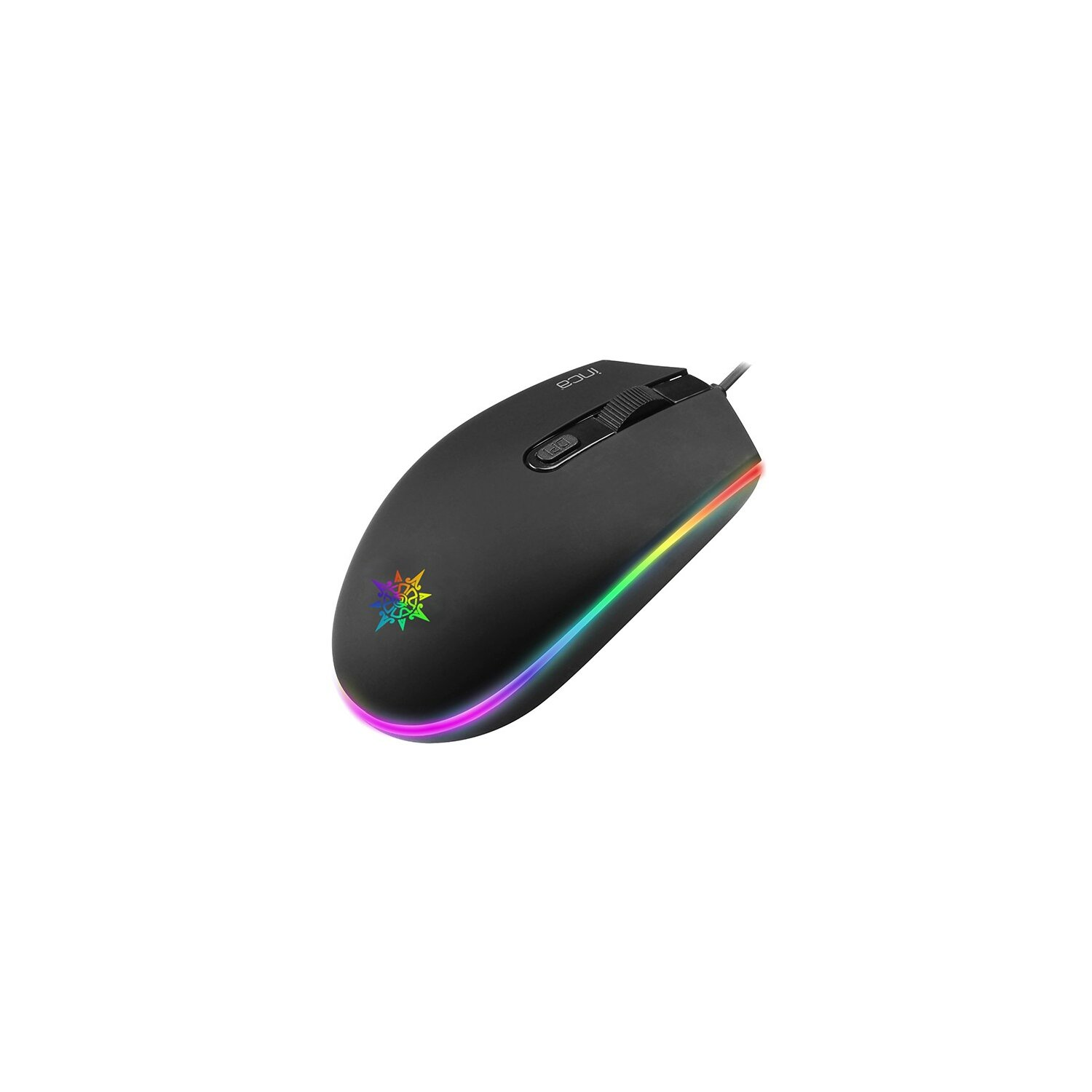 Schwarze Computermaus mit LED-Leuchten an der Seite und einem Scrollrad oben.