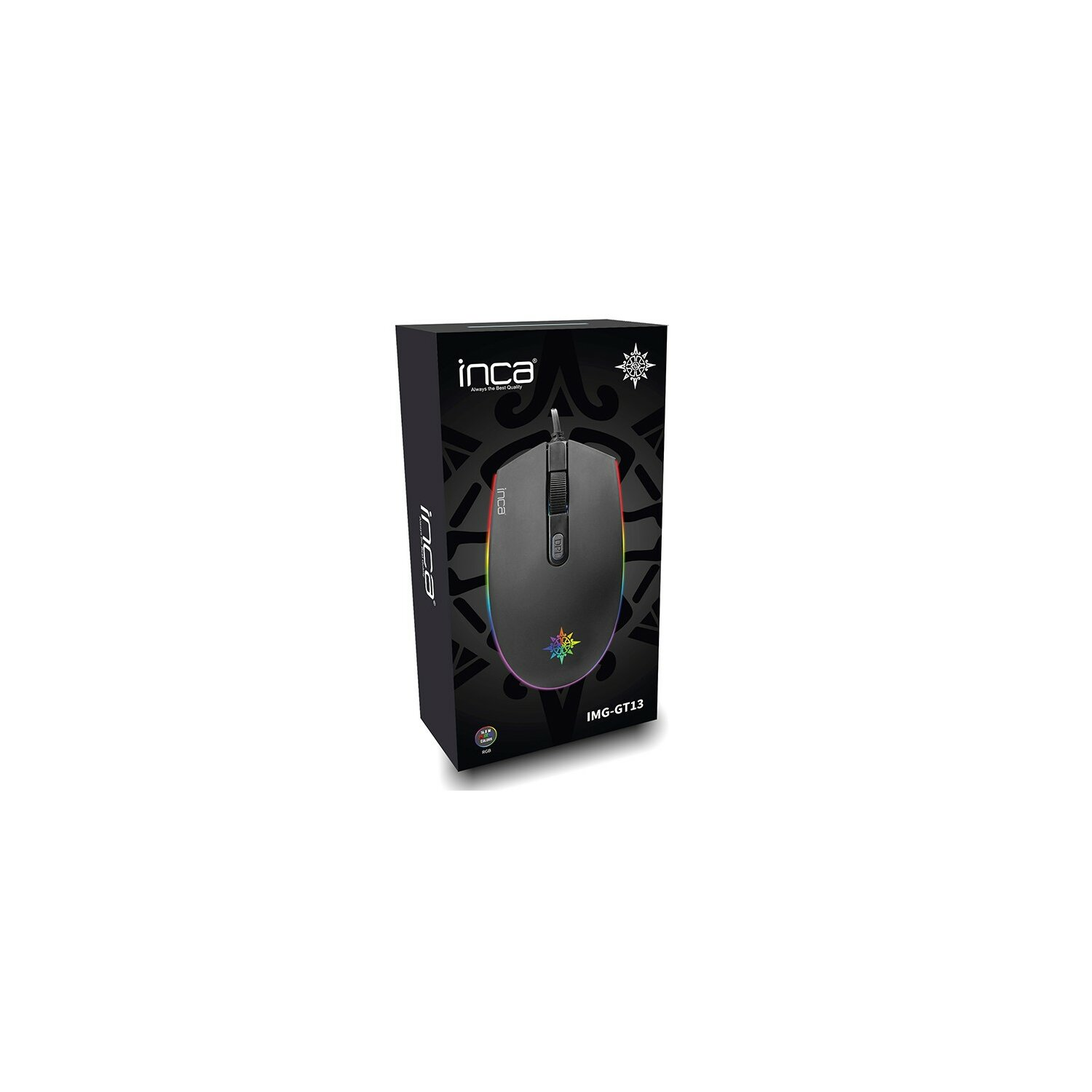 Schwarze Gaming-Maus in einer schwarzen Box. Die Maus hat RGB-Beleuchtung und das Inca-Logo.