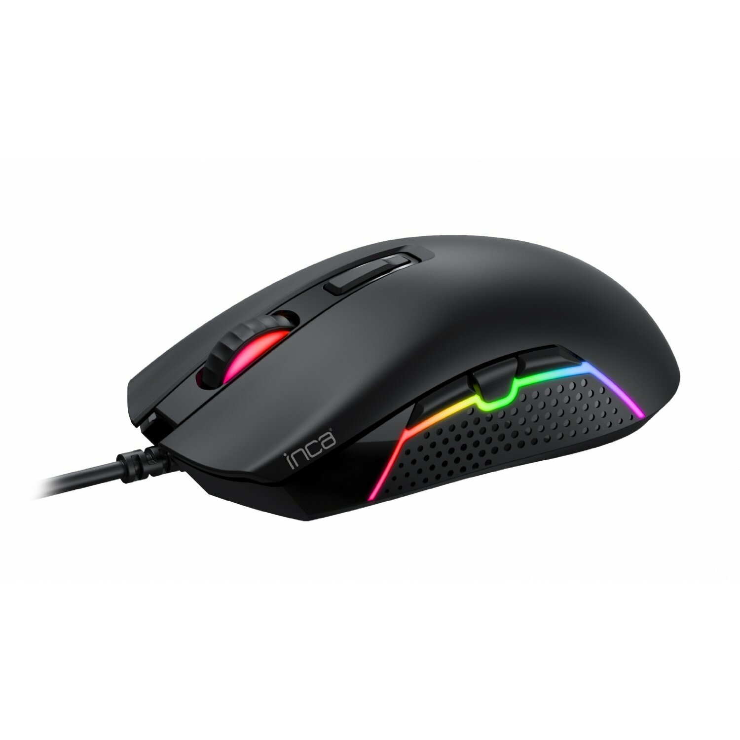 Schwarze Gaming-Maus mit farbigen Lichtern und Tasten. Isoliert auf Weiß.