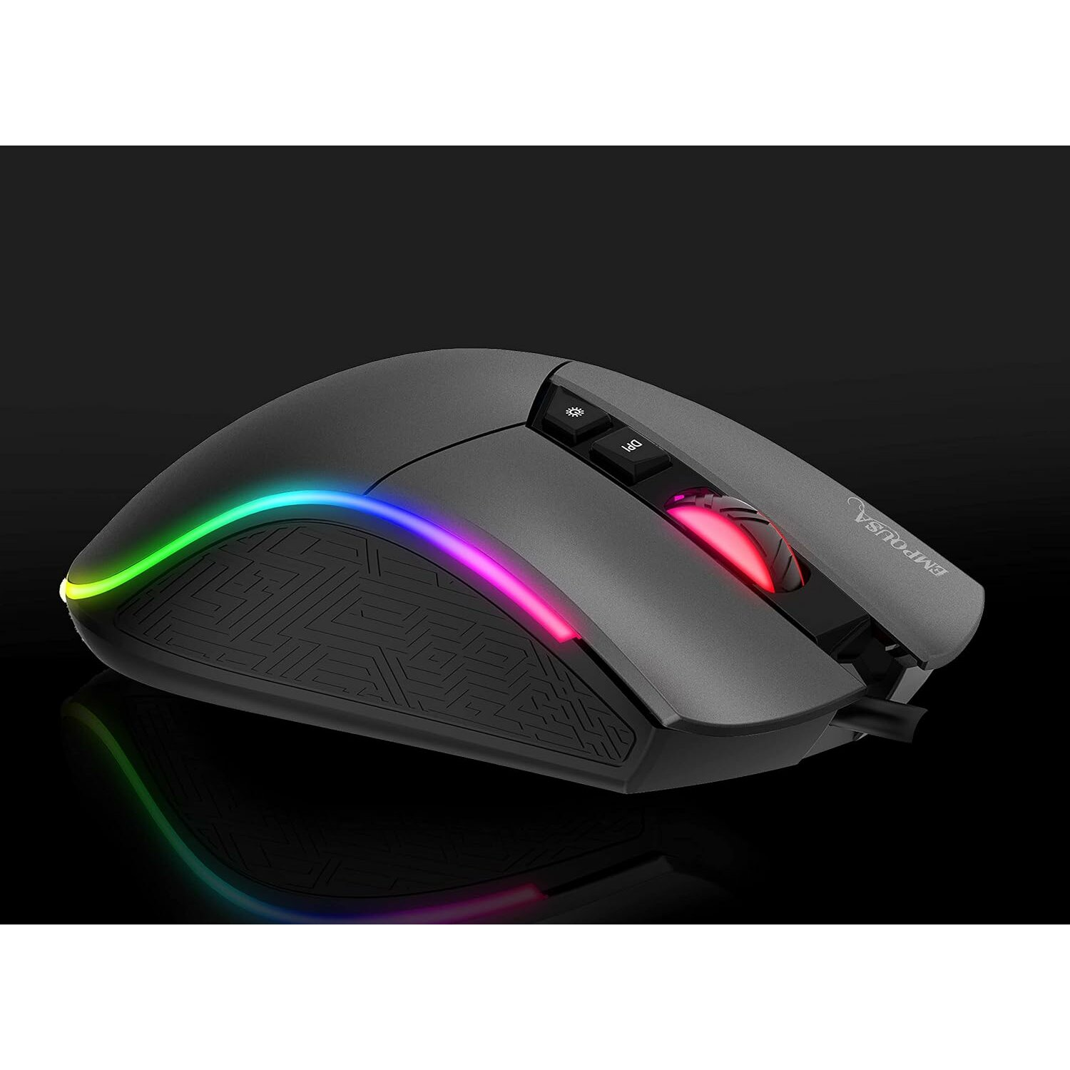 Een grijze gamingmuis met RGB-verlichting, het EMPOSA-logo en een donkere achtergrond.